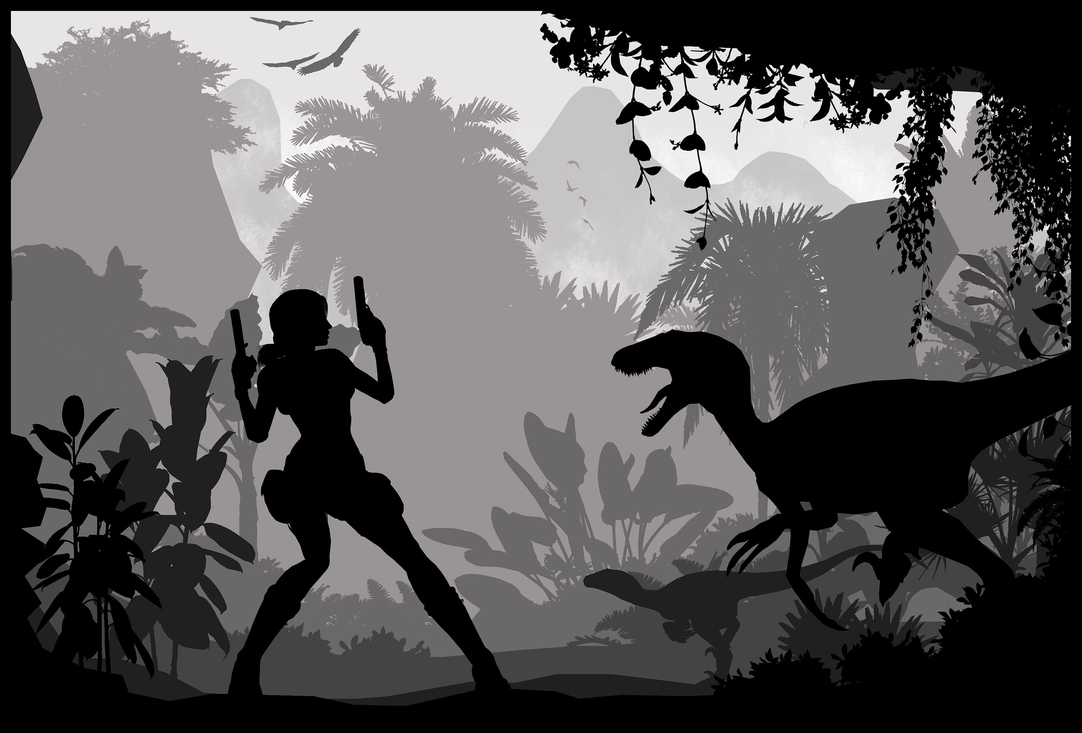 Lara Croft from Tomb Raider vs Dinosaurs in Jungle HD Wallpaper