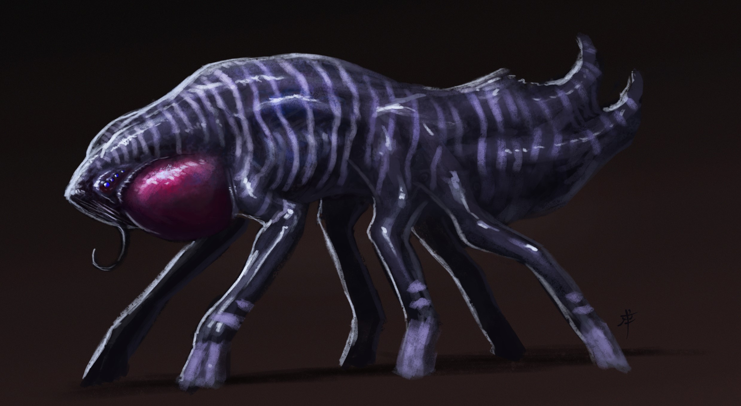 Alien creature with purple stripes and a large red eye HD Wallpaper
