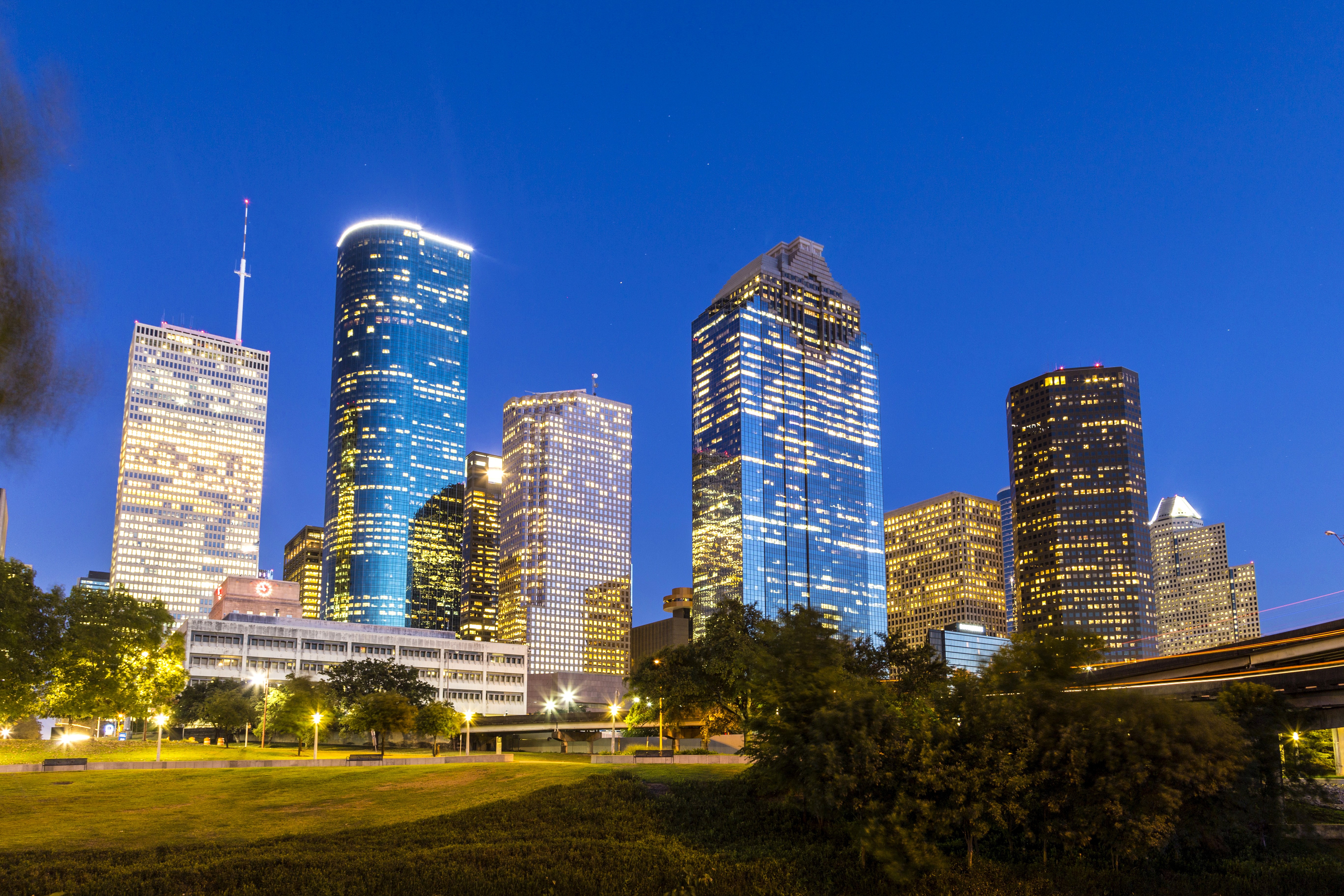 Houston Texas Skyline at Dusk with Street Lights HD Wallpaper