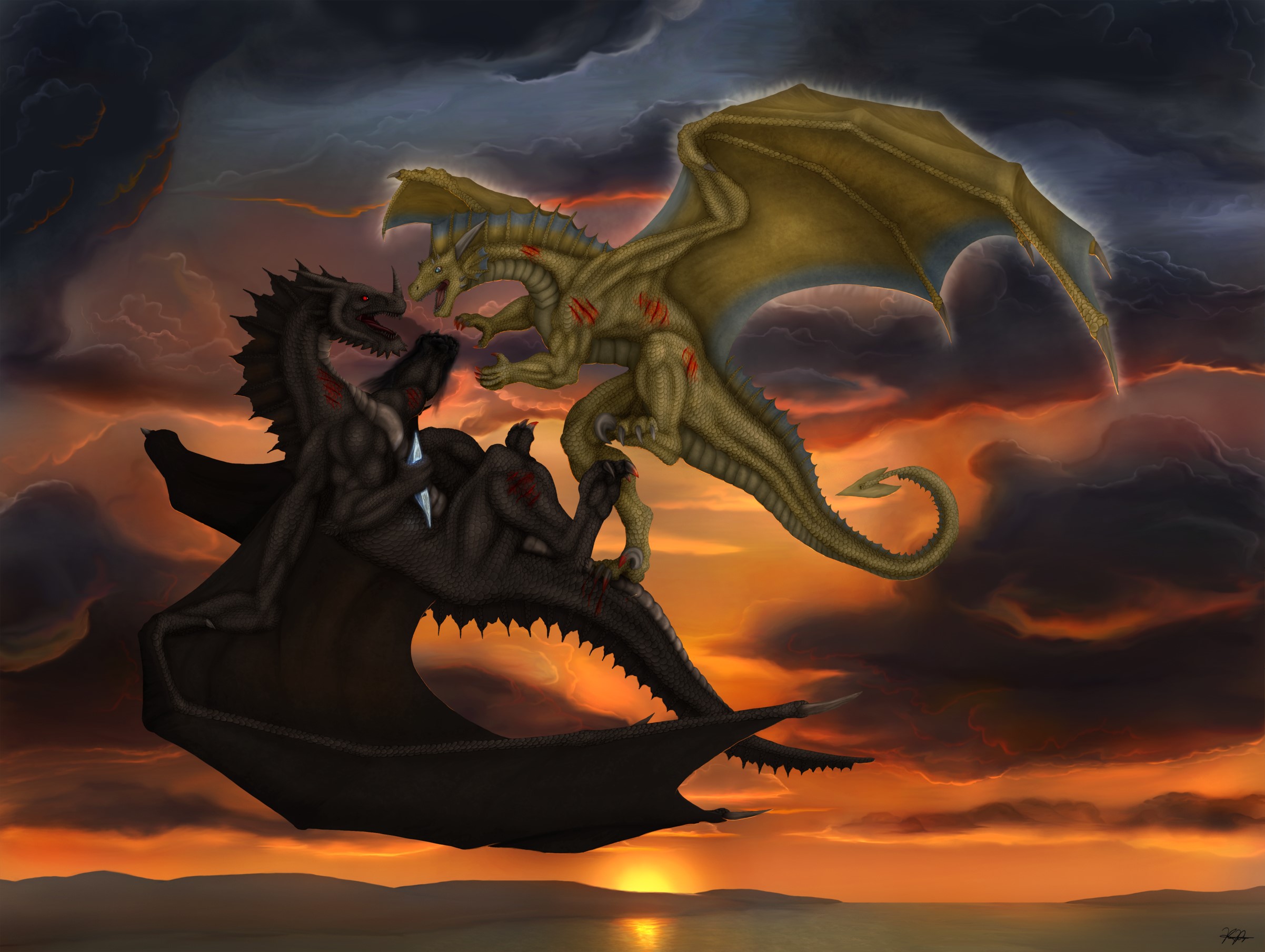 Two dragons fighting in the sky at sunset HD Wallpaper
