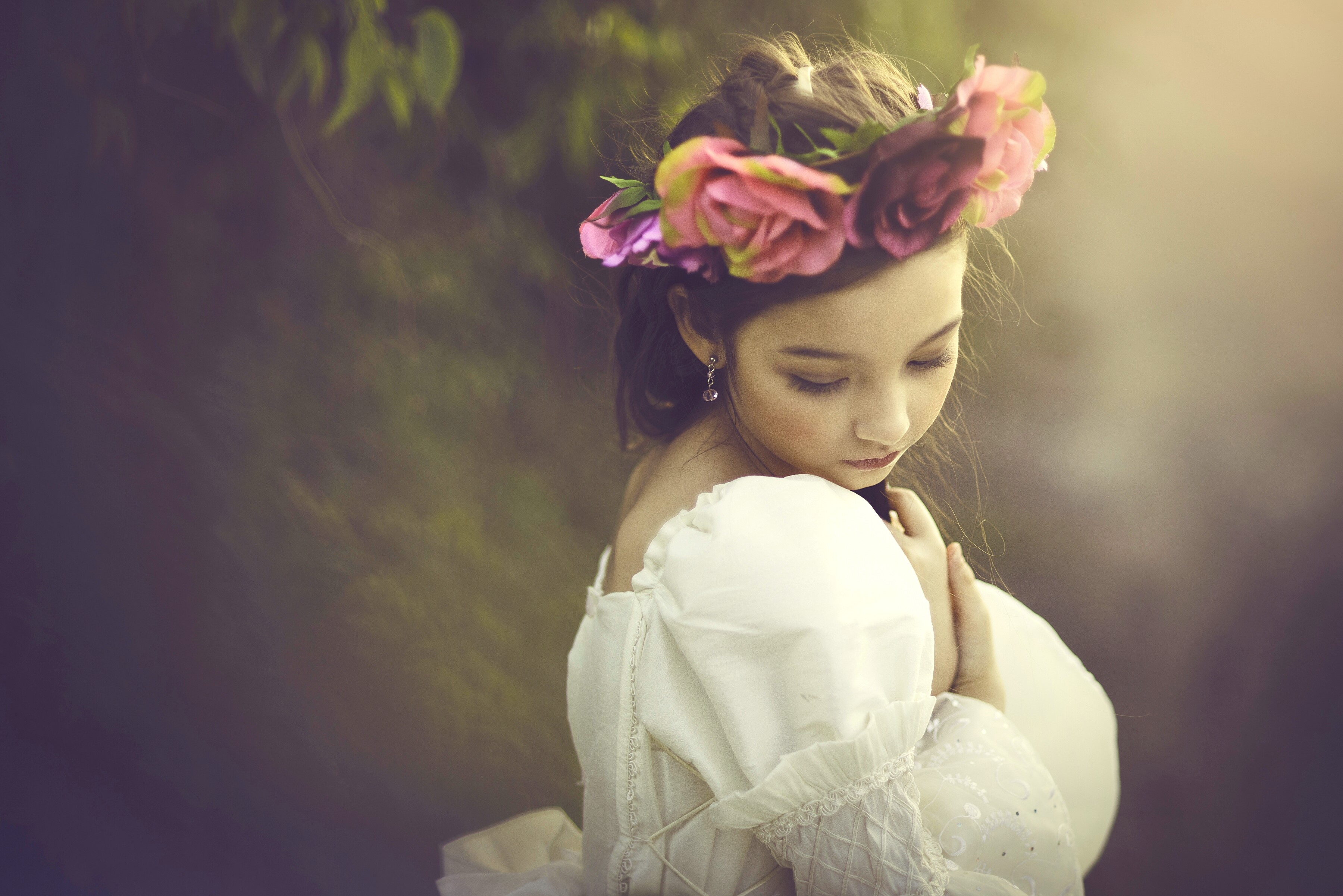 Girl with flower crown in white dress HD Wallpaper