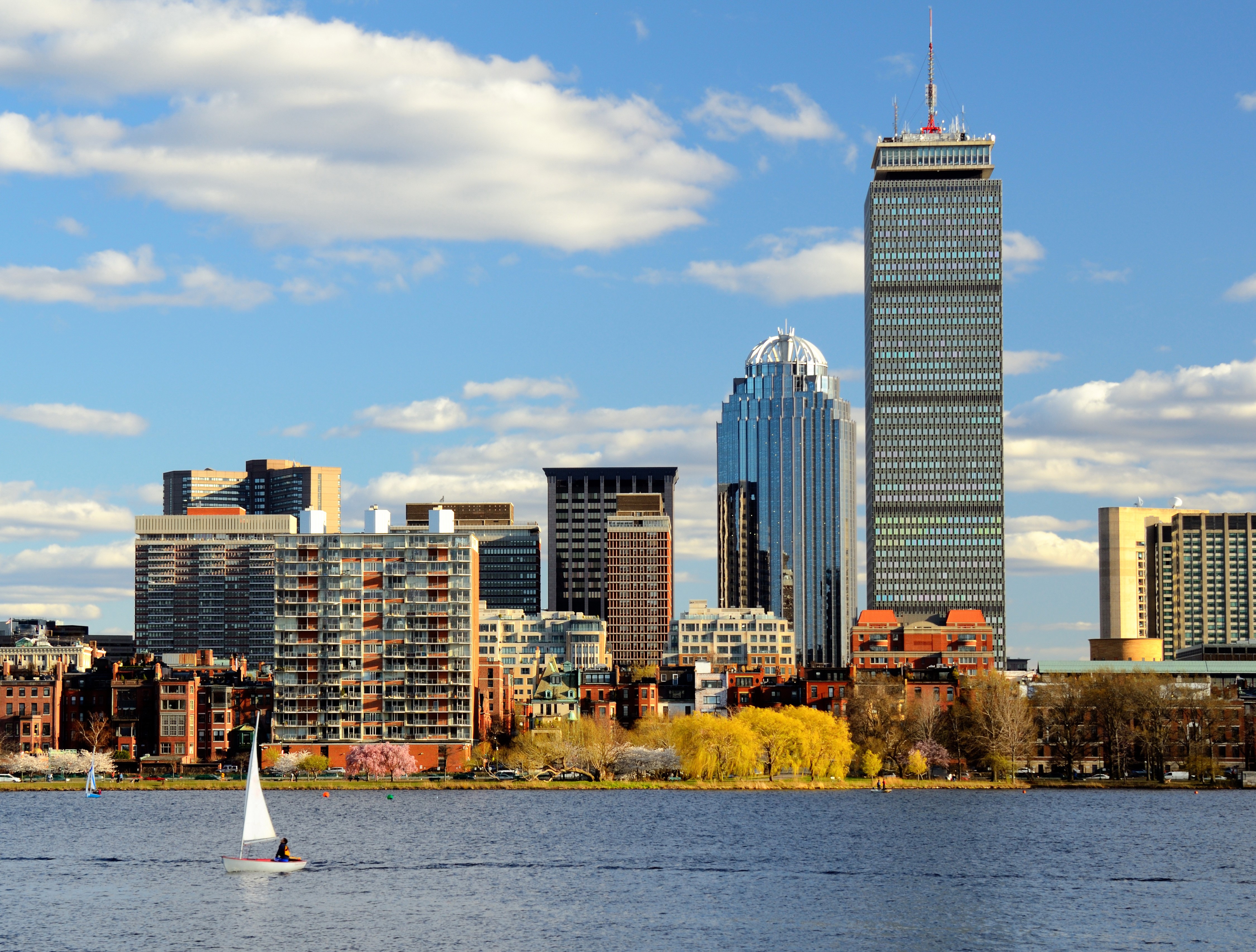 Boston Skyline with Sailboat on River HD Wallpaper