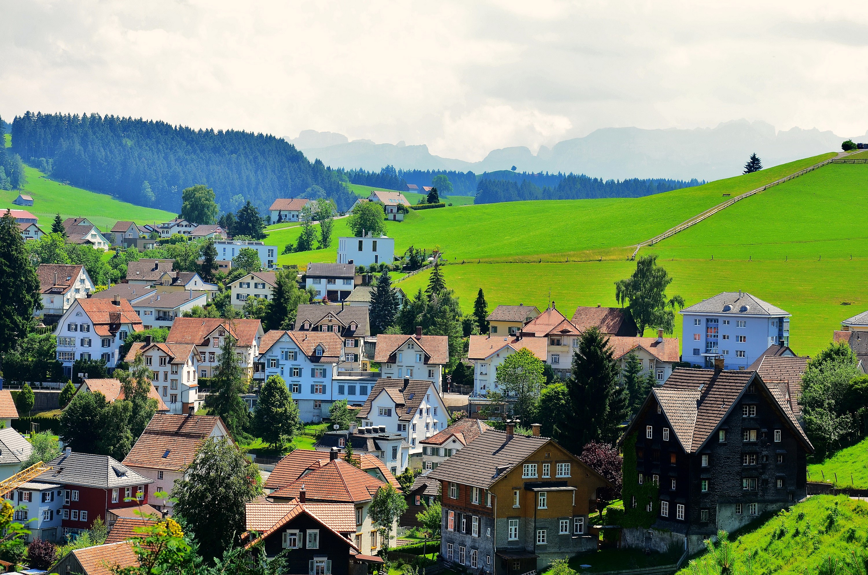 Houses in Speicher, Switzerland with green fields and mountains HD Wallpaper
