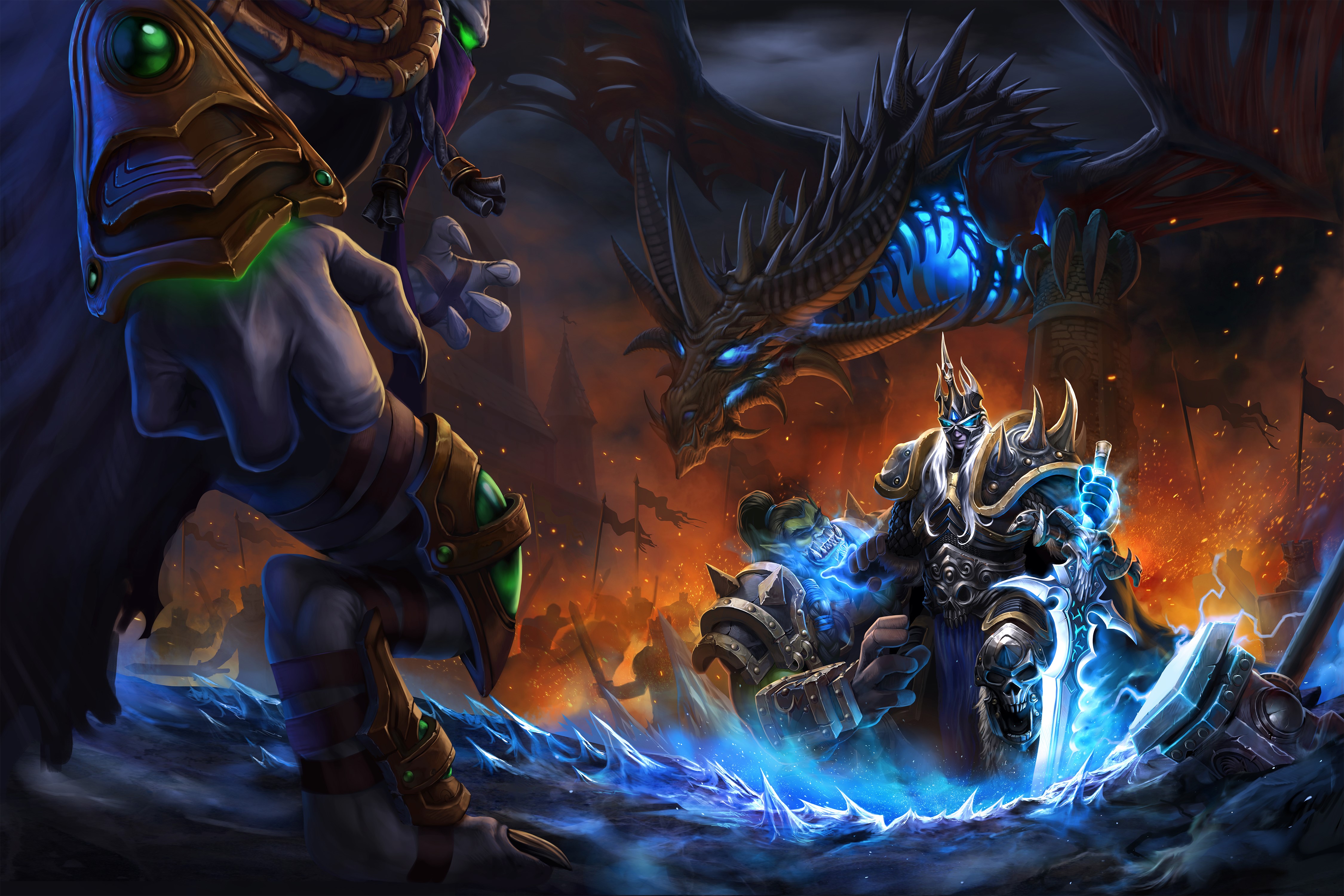 4K Thrall and Arthas from World of Warcraft with Dragon HD Wallpaper