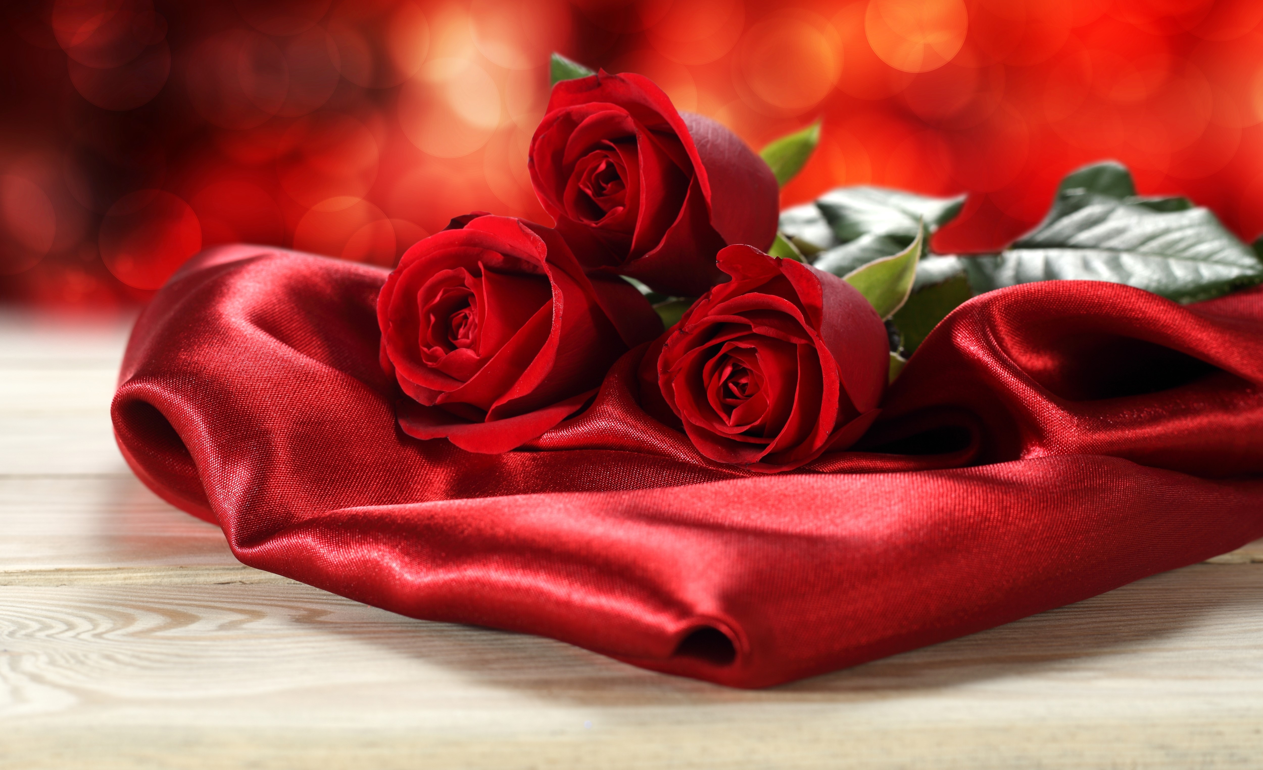 Three Red Roses on Red Silk HD Wallpaper