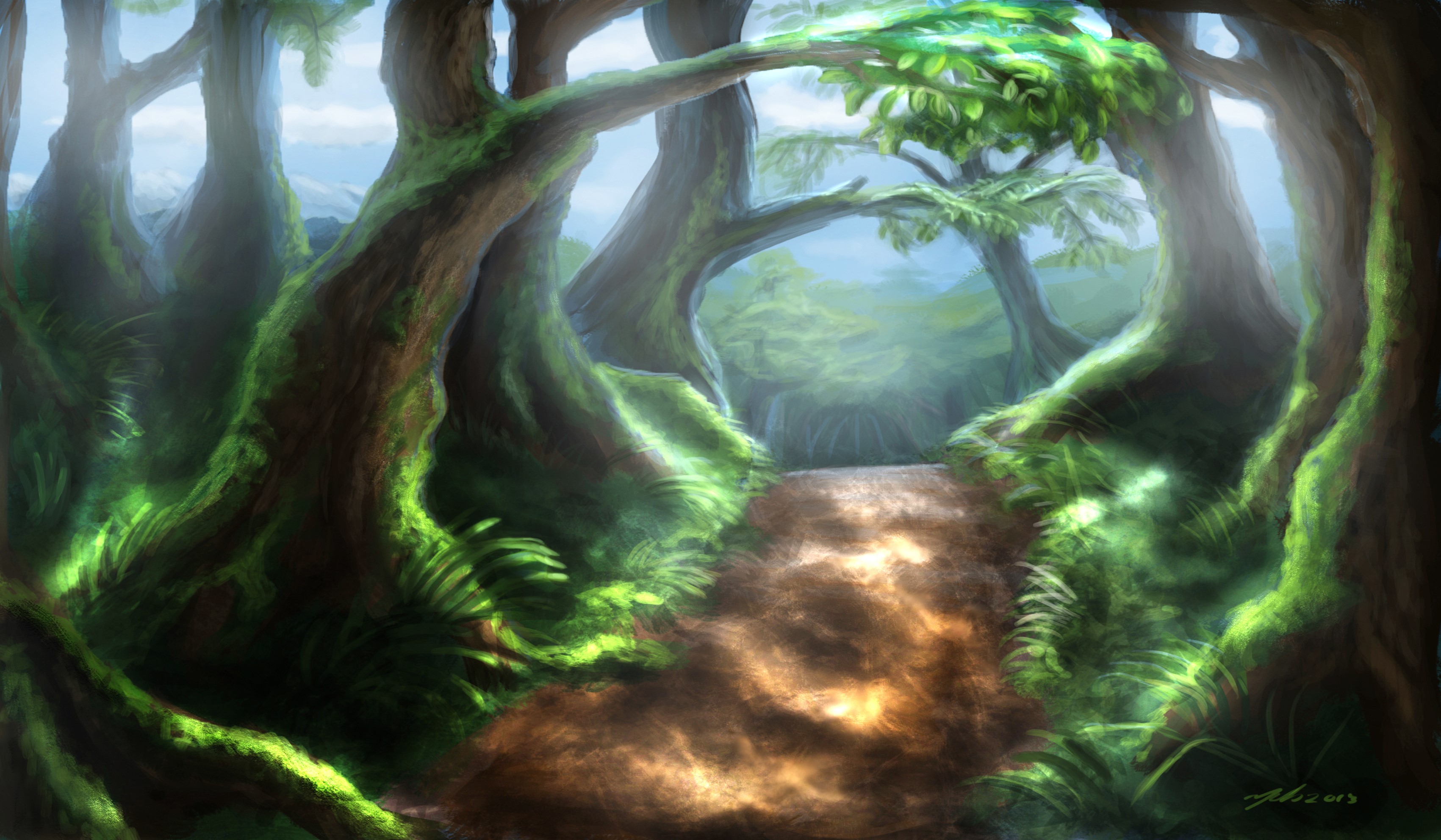 A path through a moss-covered forest with sunlight filtering through trees HD Wallpaper