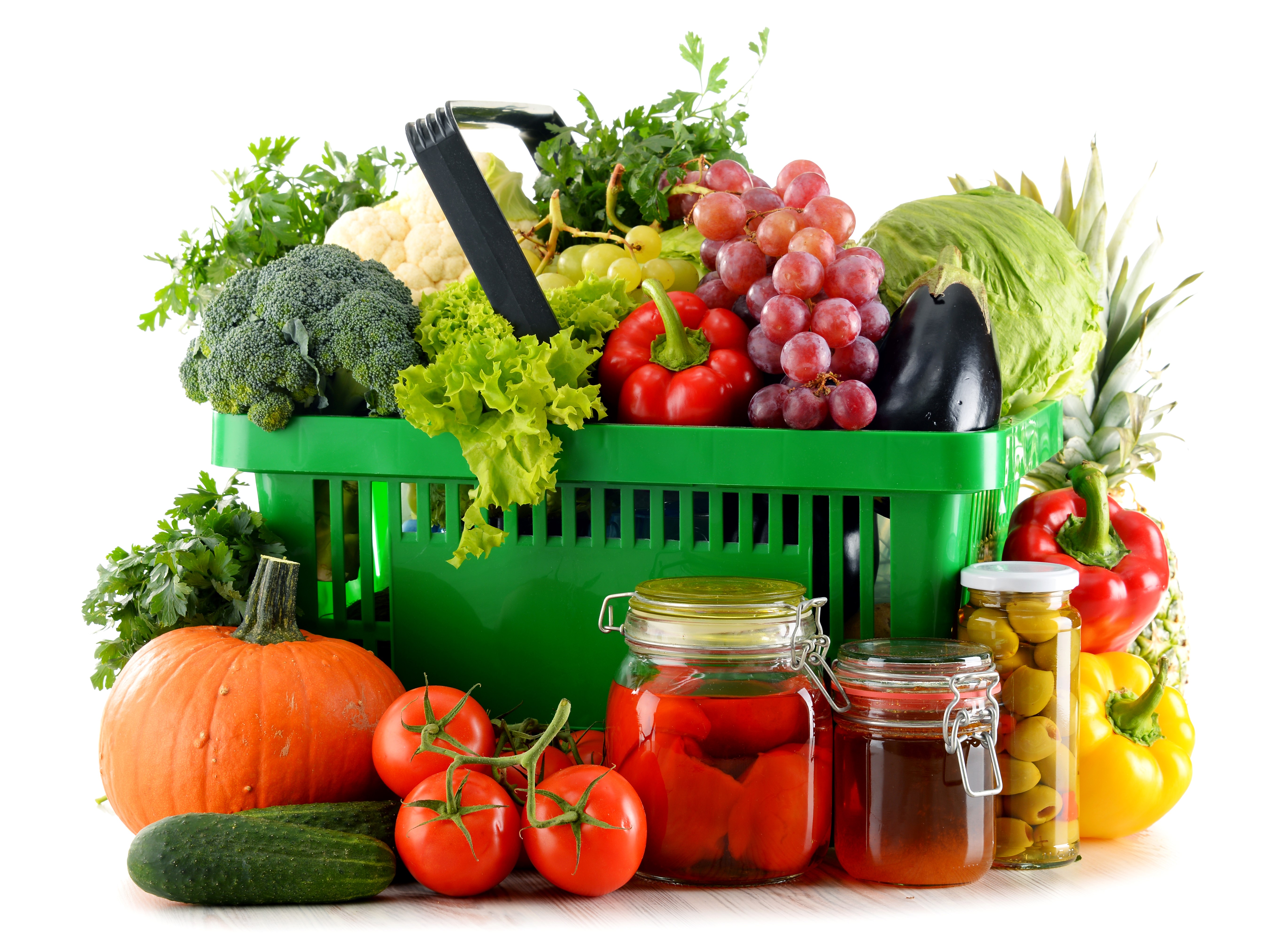 Fresh vegetables and fruits in a green basket HD Wallpaper