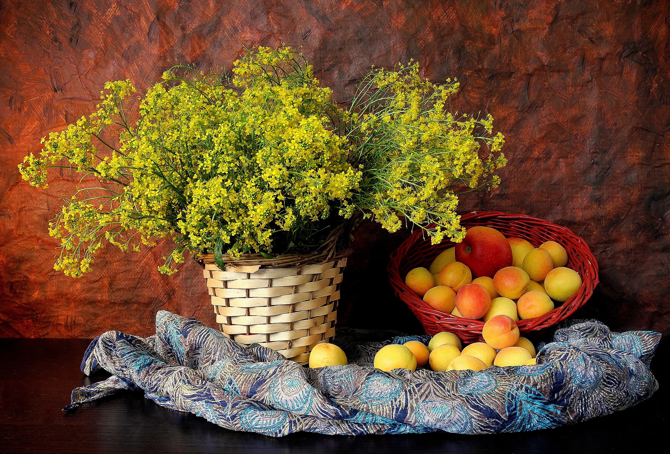 Still-life with yellow flowers and peaches HD Wallpaper
