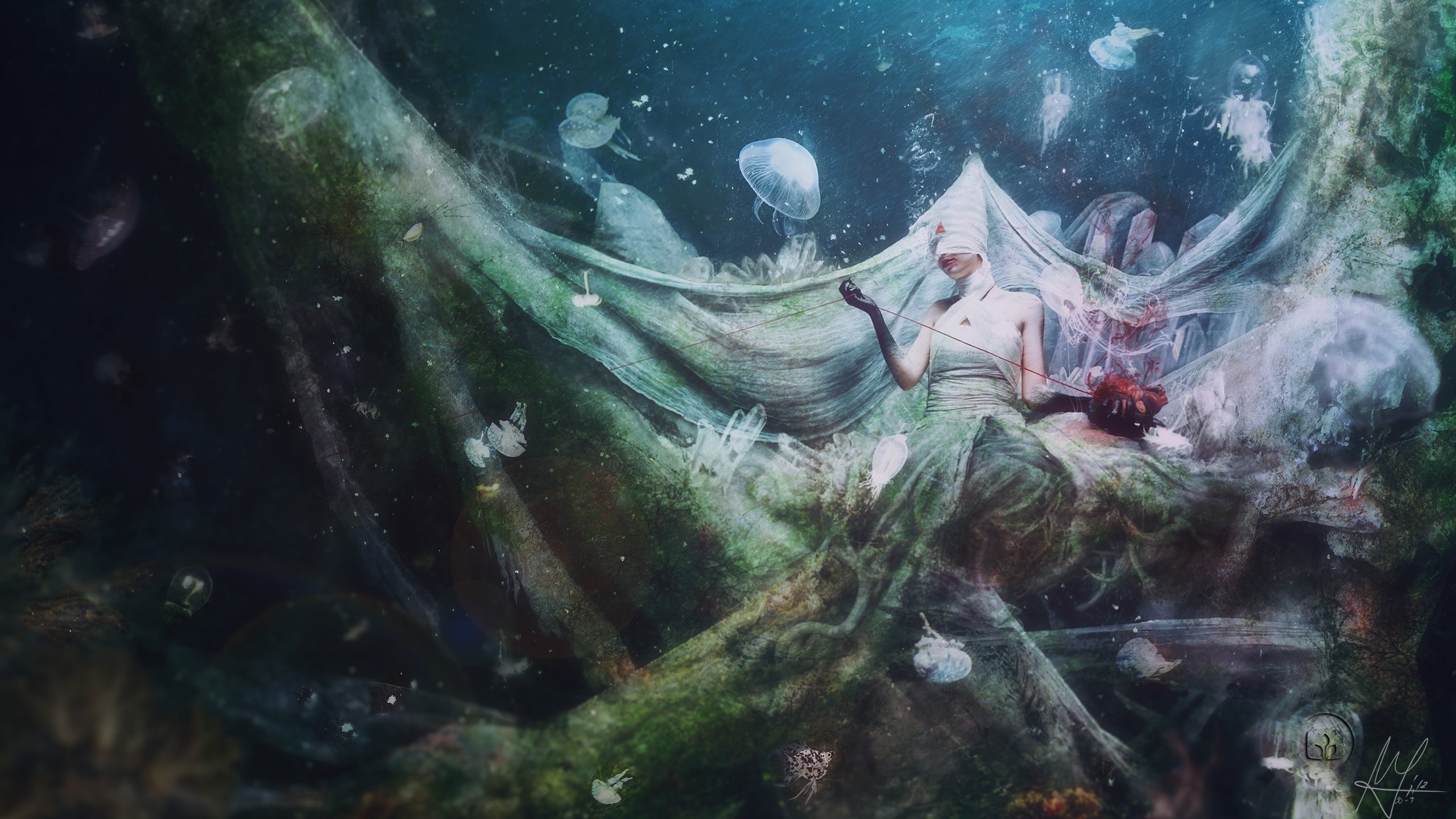 Woman sewing a heart with jellyfish and net HD Wallpaper