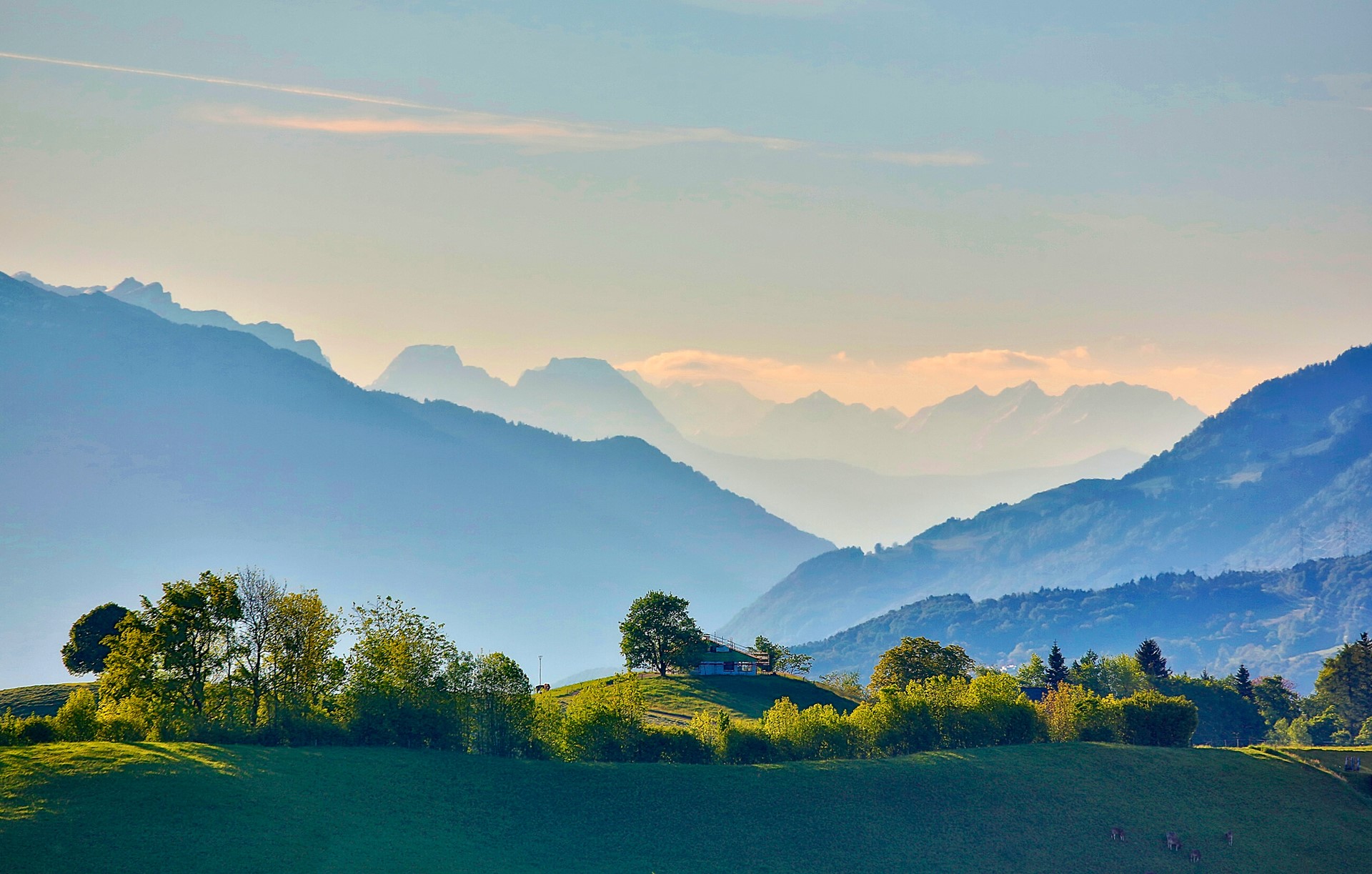 Misty mountains and green hills with trees HD Wallpaper