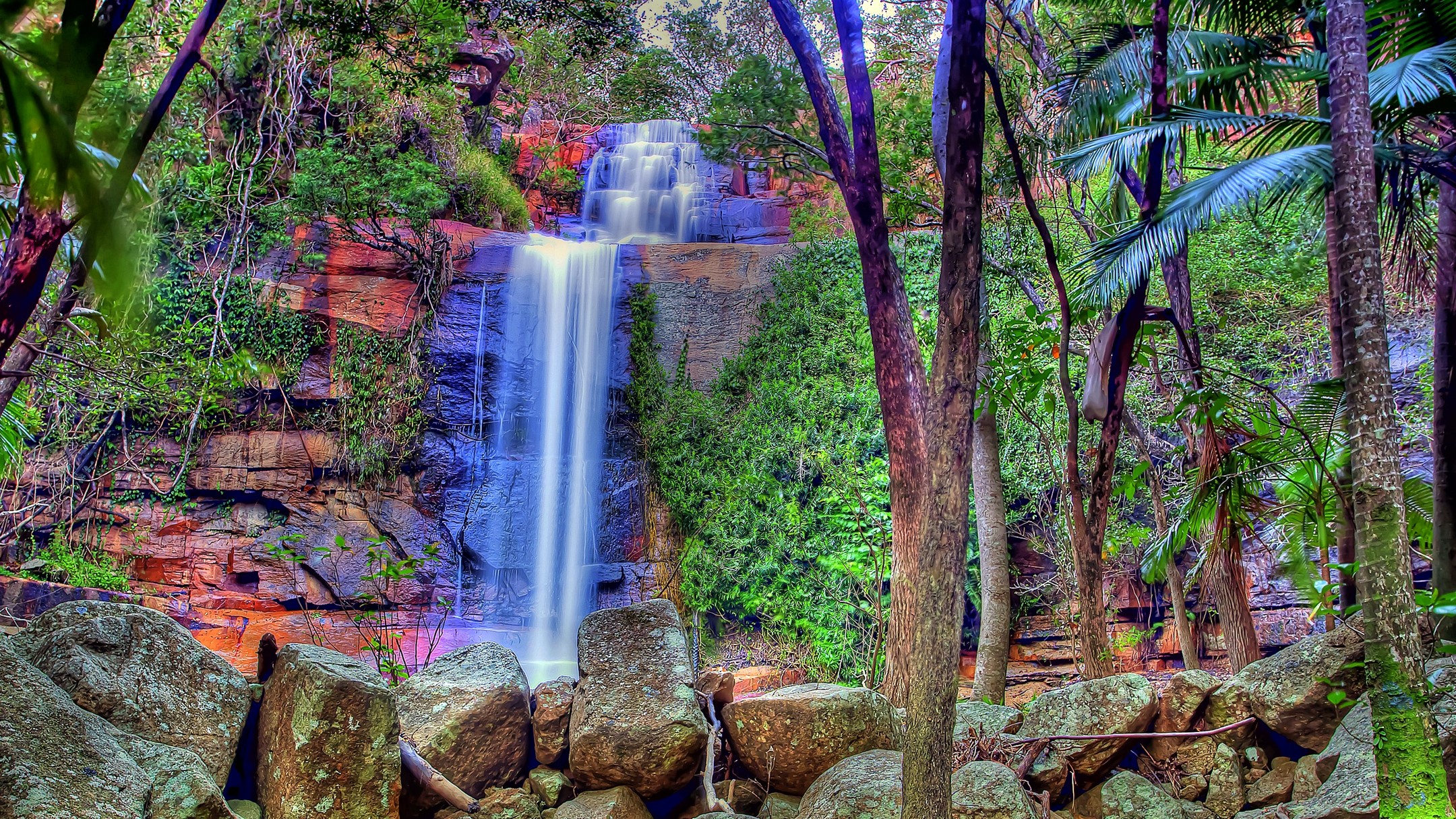 Waterfall cascading over rocks in a forest with trees and stones HD Wallpaper