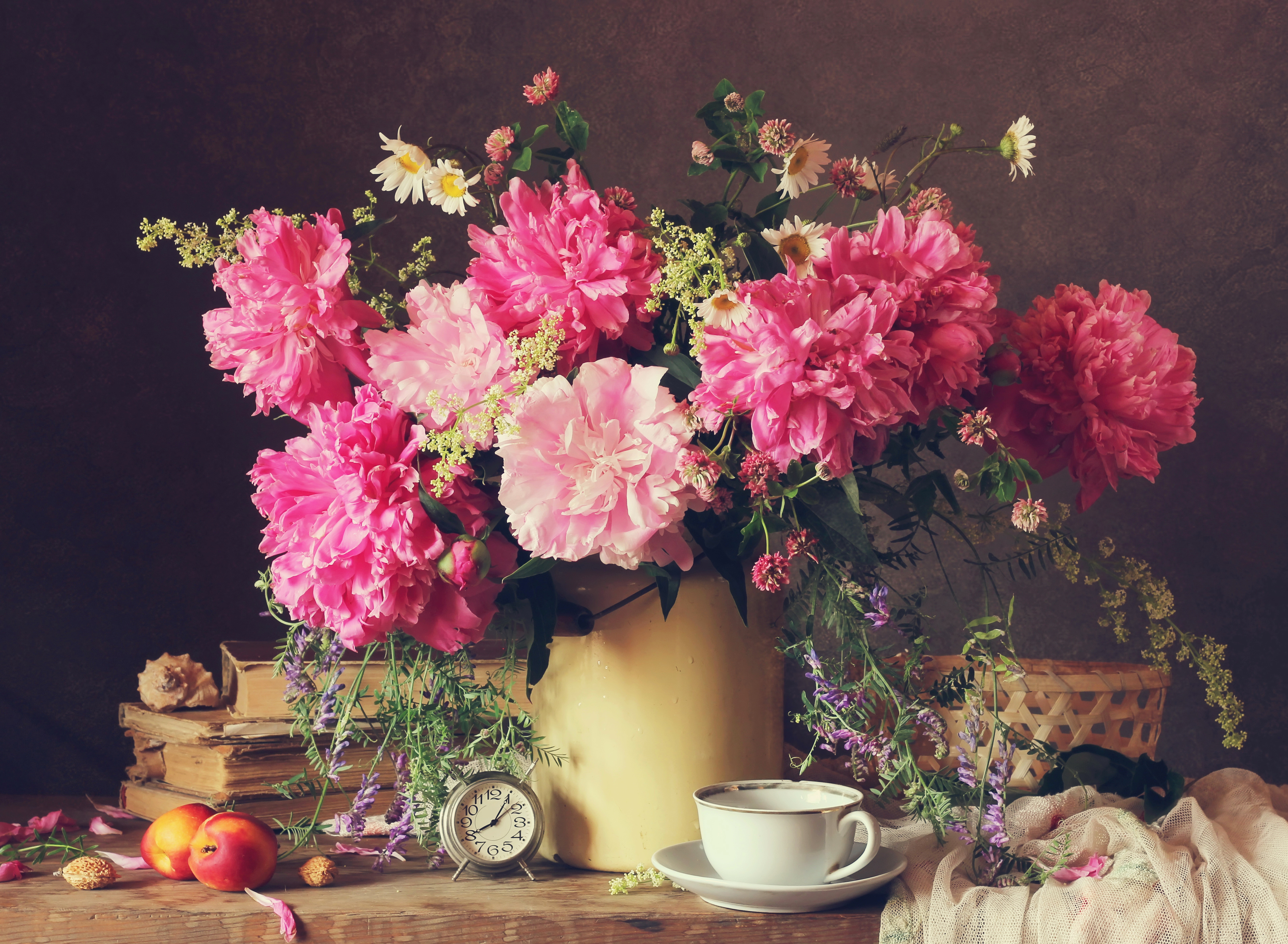 Still-life with Peonies, Peaches, Clock, and Cup HD Wallpaper