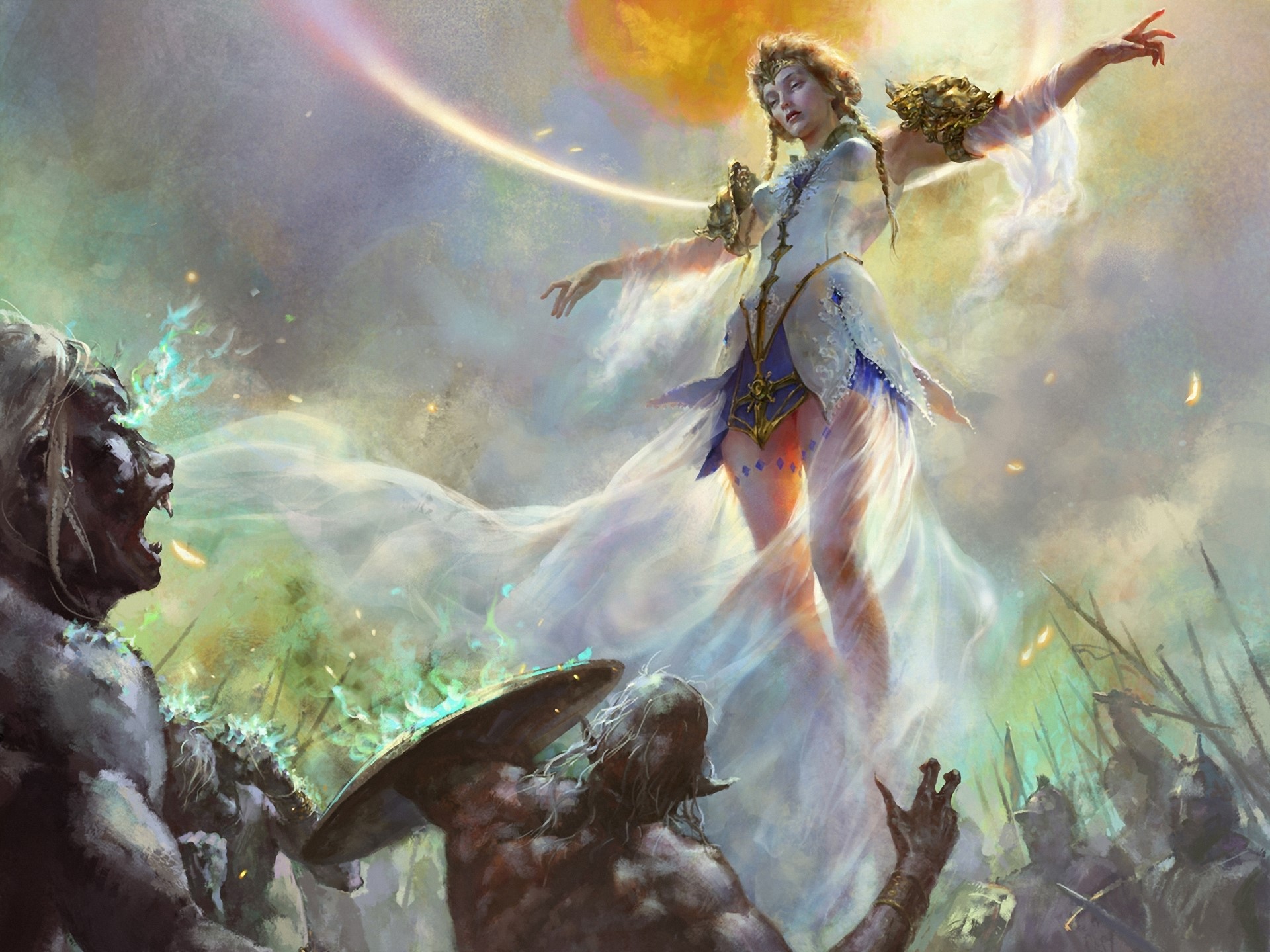 Woman in white dress facing orcs HD Wallpaper