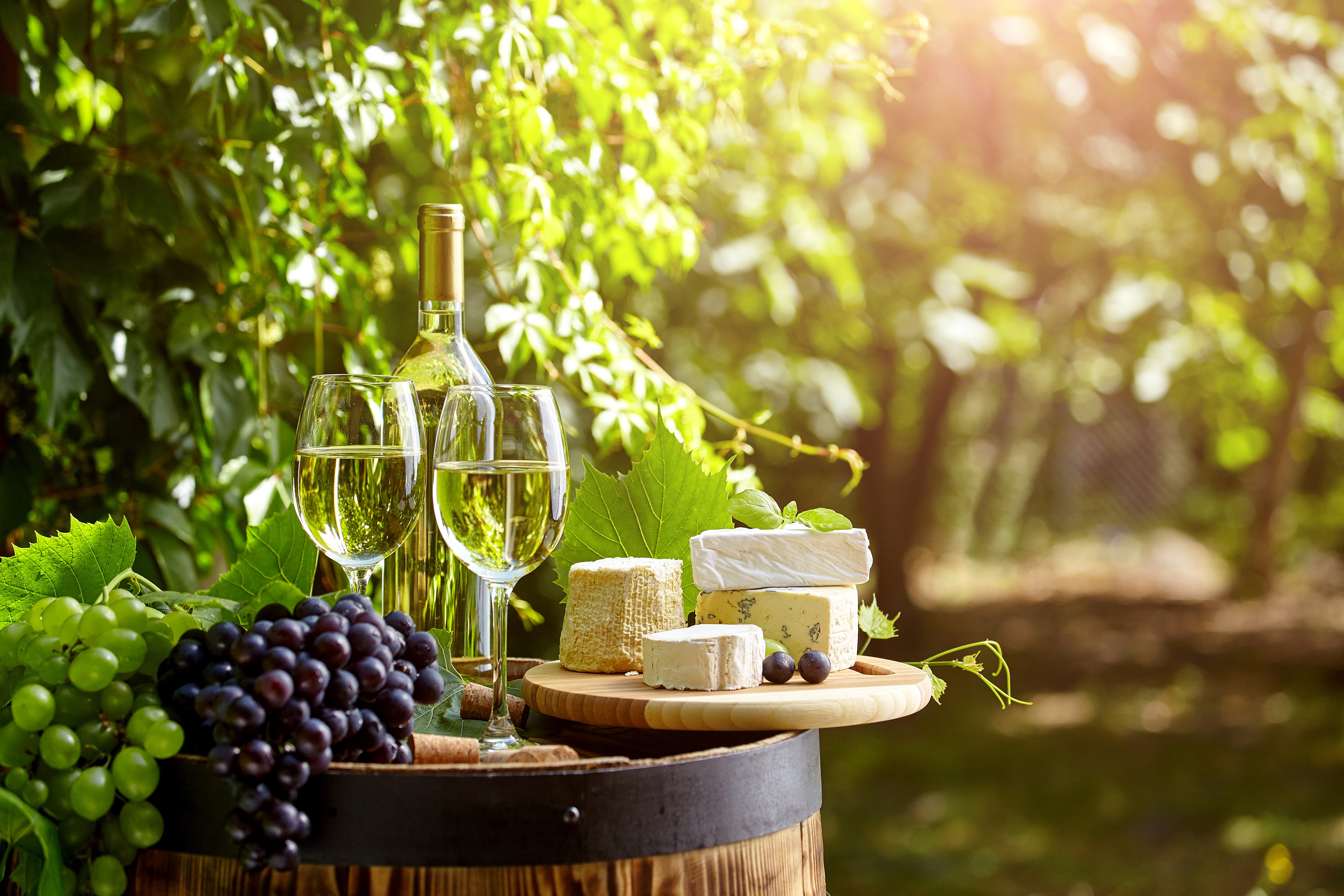 Wine, Grapes, and Cheese on a Barrel HD Wallpaper