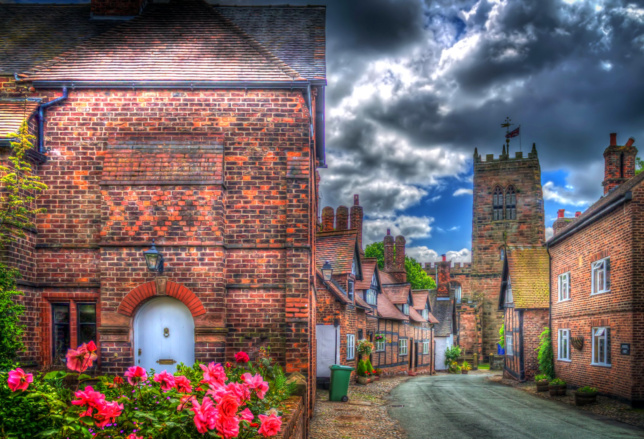 Village street with houses and church in Little Budworth, United Kingdom HD Wallpaper