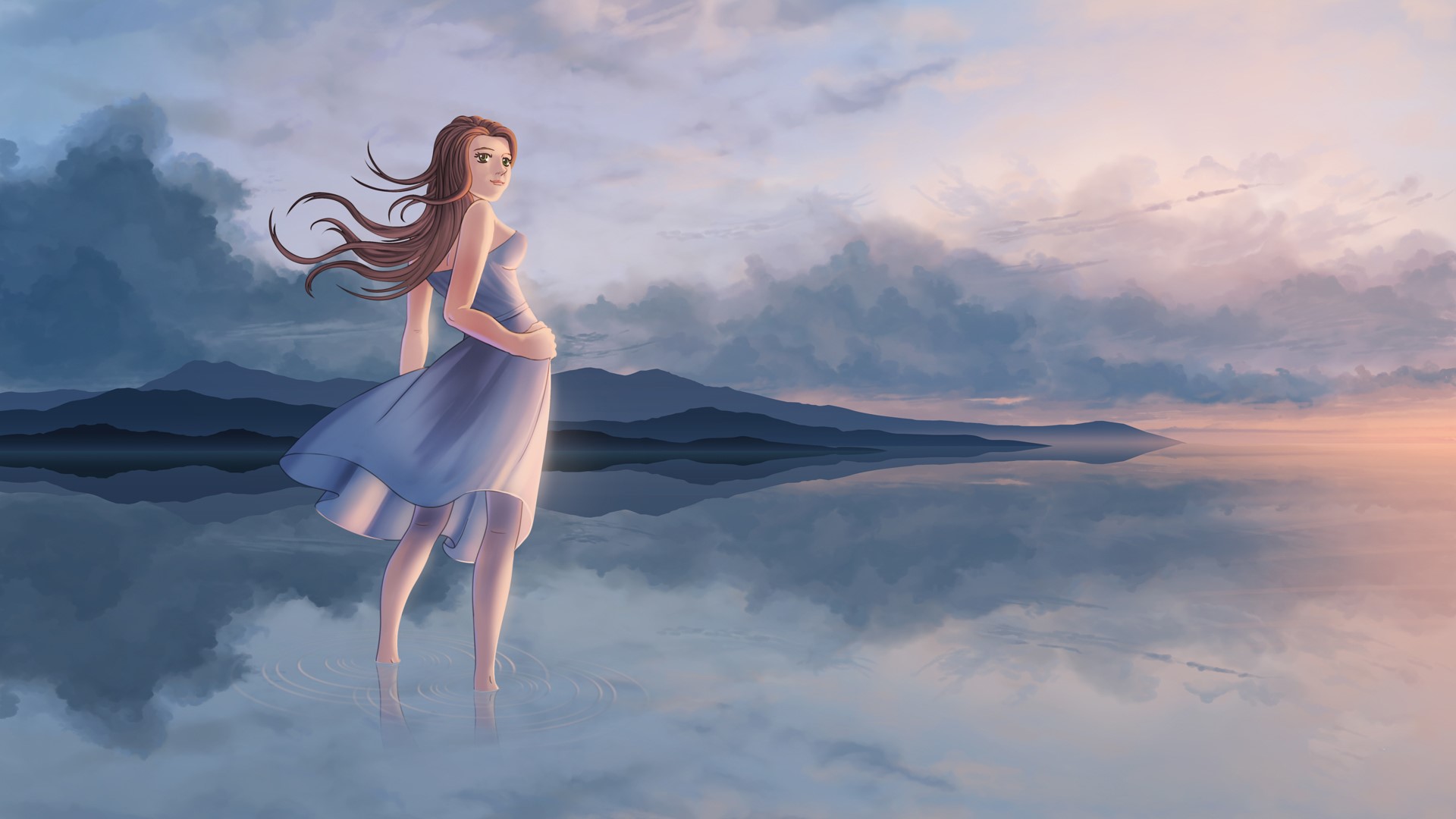 Girl in blue dress standing in water at sunset HD Wallpaper