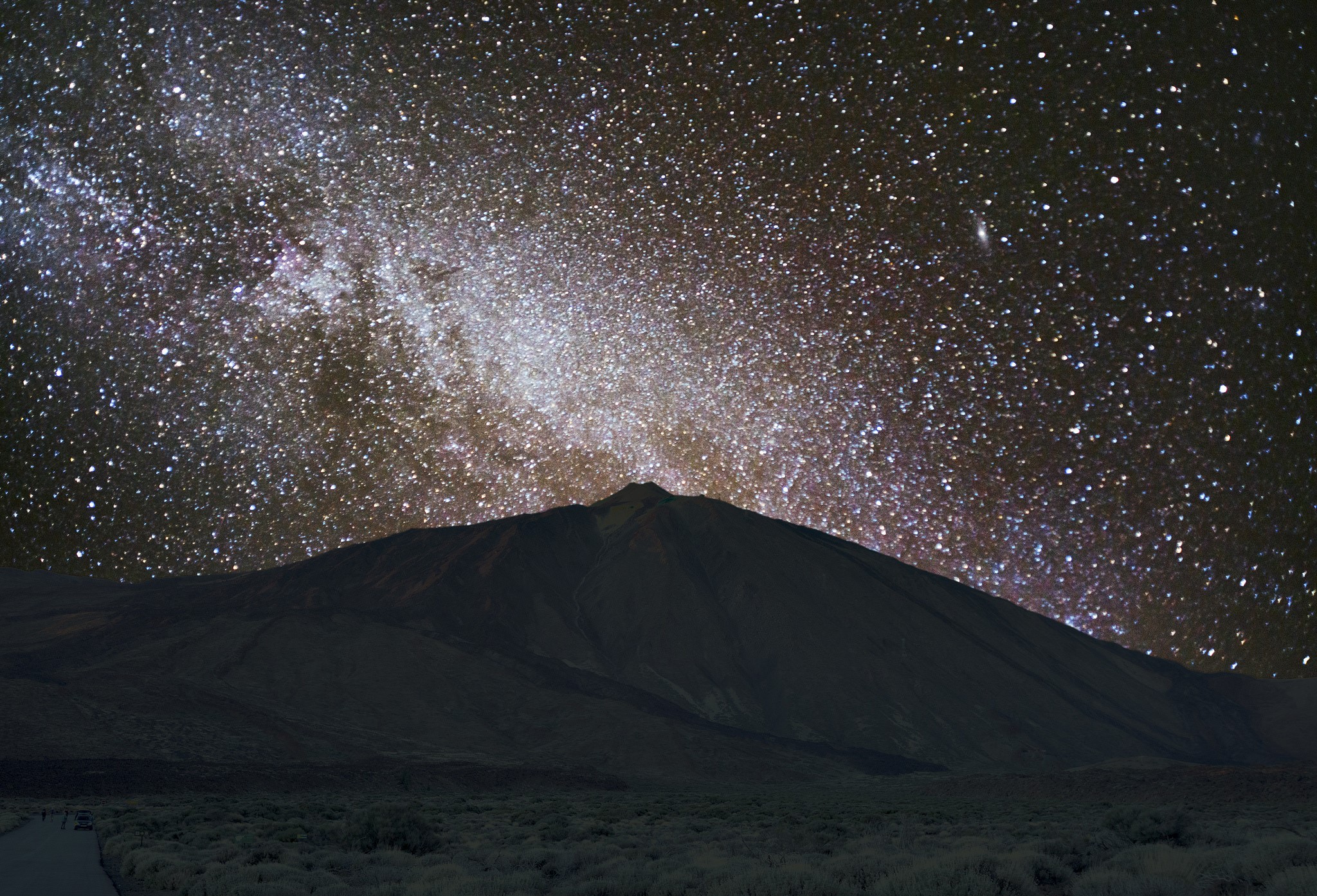 Mountain peak under a starry night sky with the Milky Way HD Wallpaper