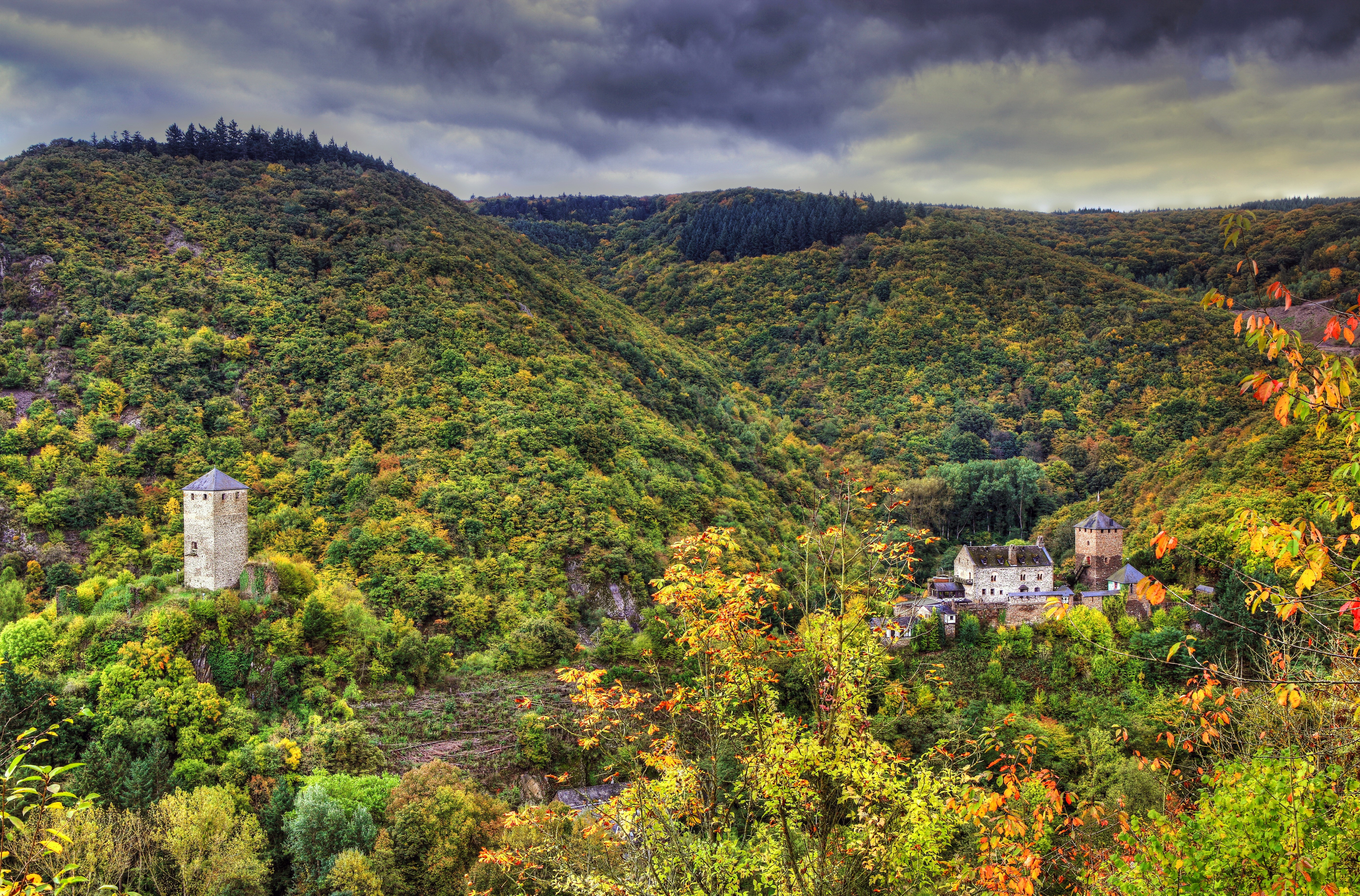 Castle and tower in a forested valley, Germany HD Wallpaper
