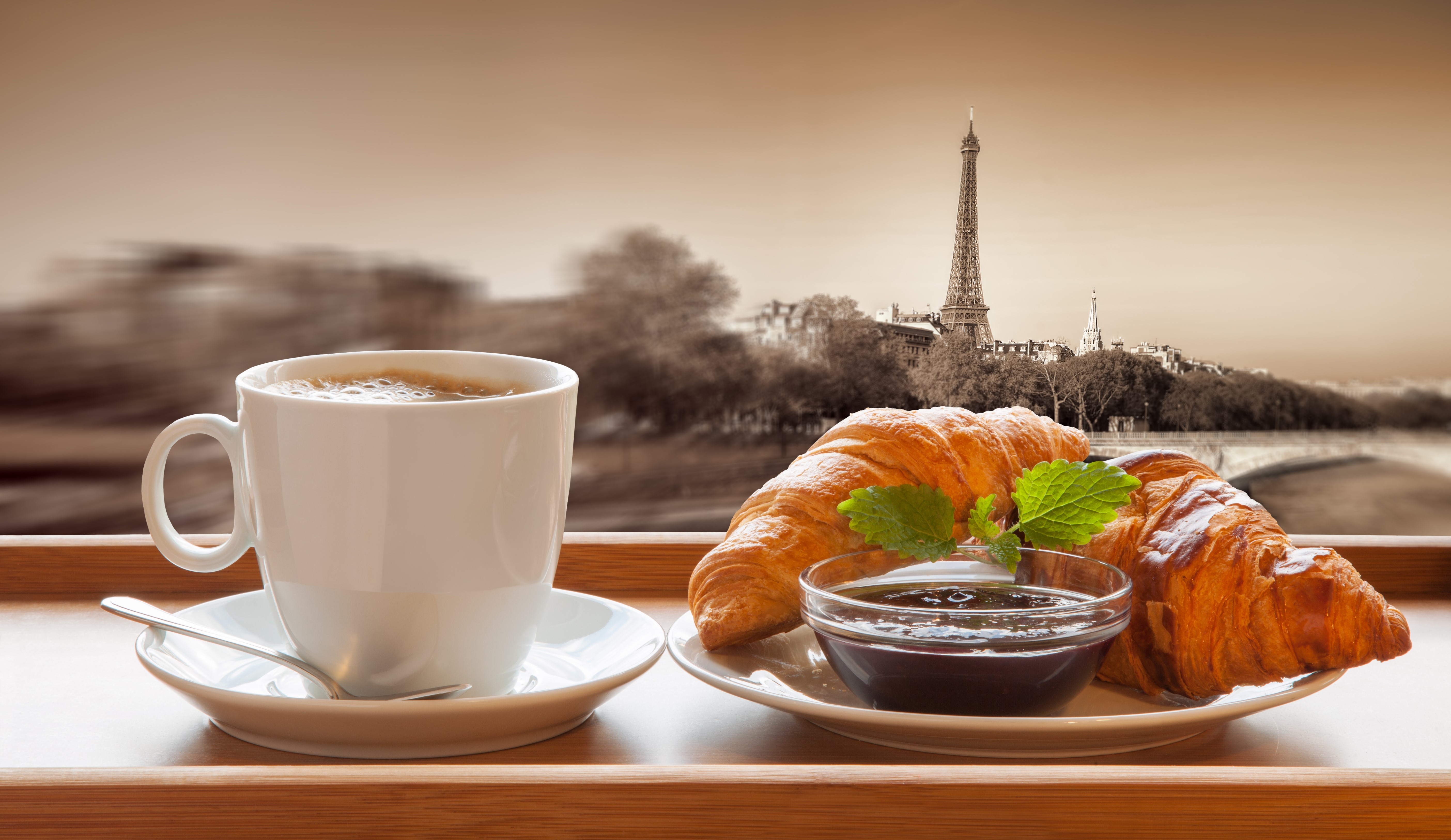 4K Breakfast with Coffee and Croissant Near Eiffel Tower HD Wallpaper
