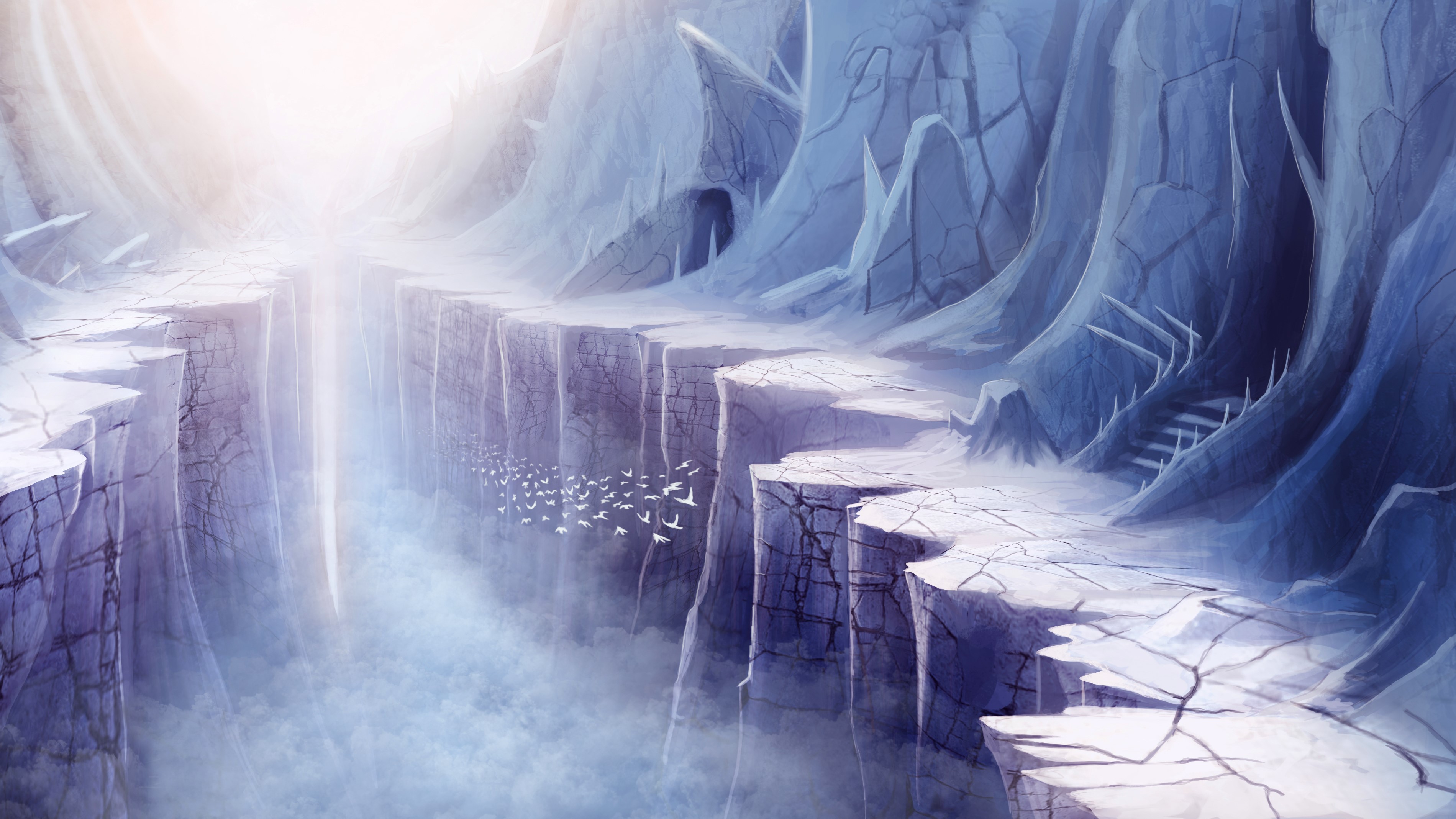 A surreal icy canyon with a bright light and birds flying HD Wallpaper