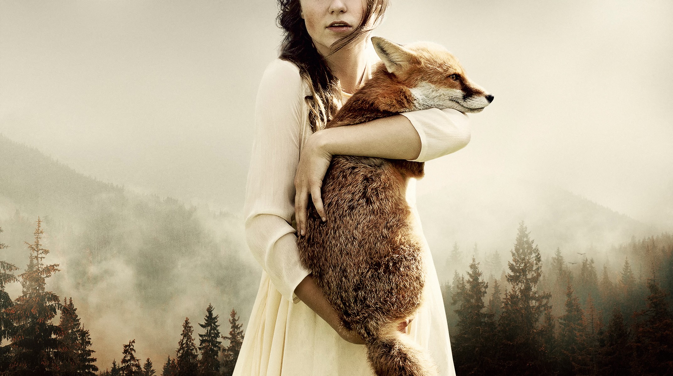 Girl holding a fox in a misty forest HD Wallpaper