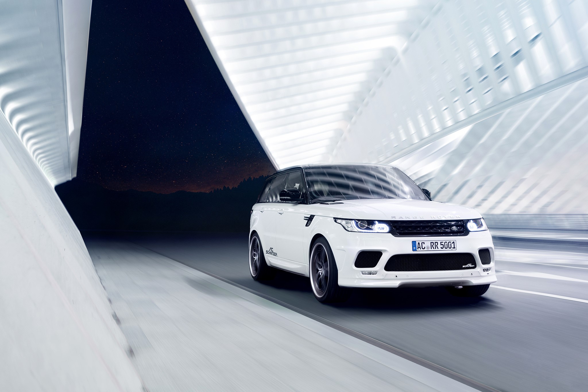 White AC Schnitzer Range Rover Sport driving at night HD Wallpaper