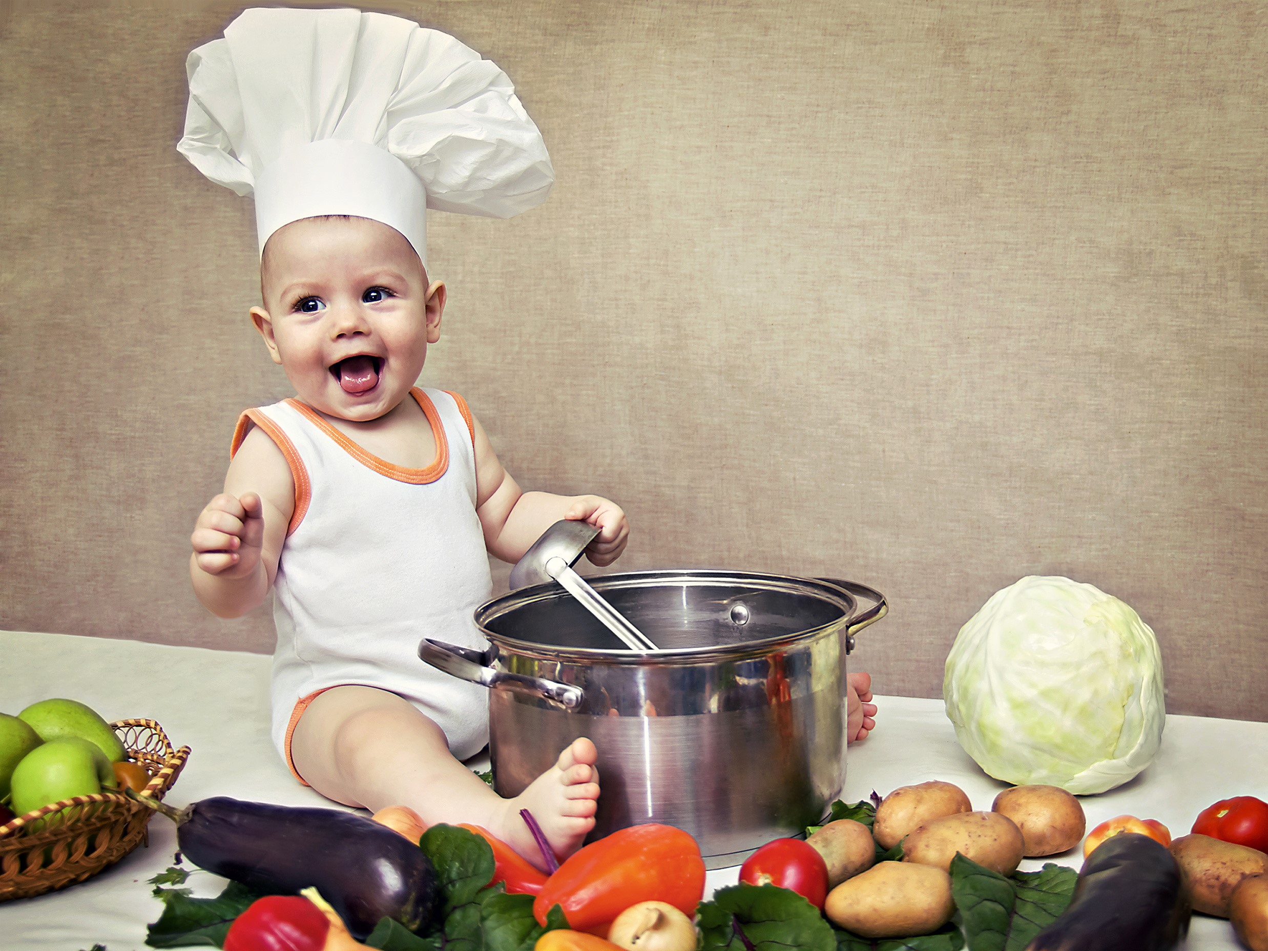 Baby chef with vegetables and cooking pot HD Wallpaper