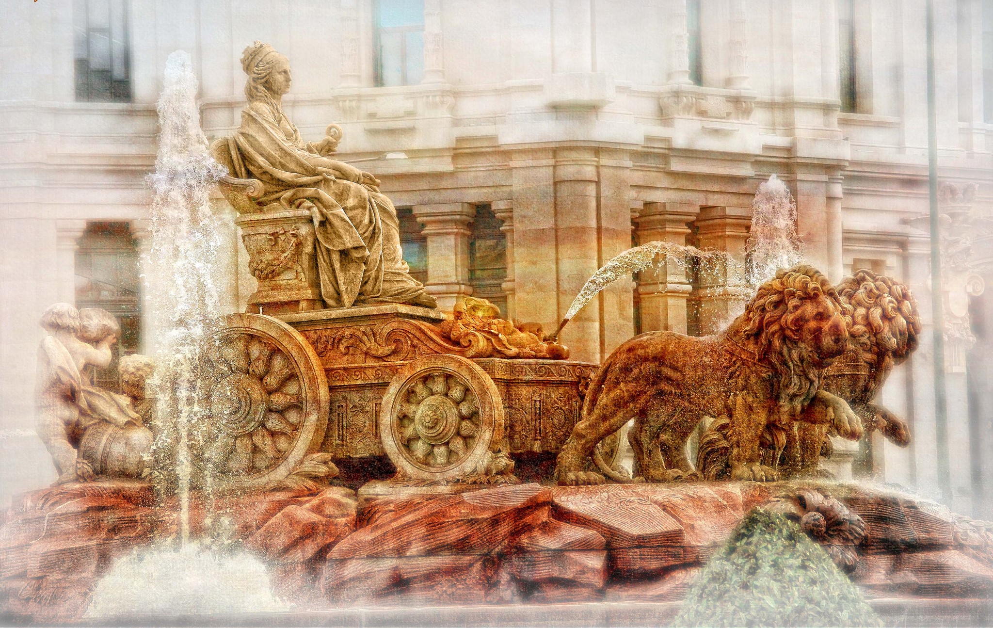 Cibeles Fountain with Lions and Chariot in Madrid HD Wallpaper