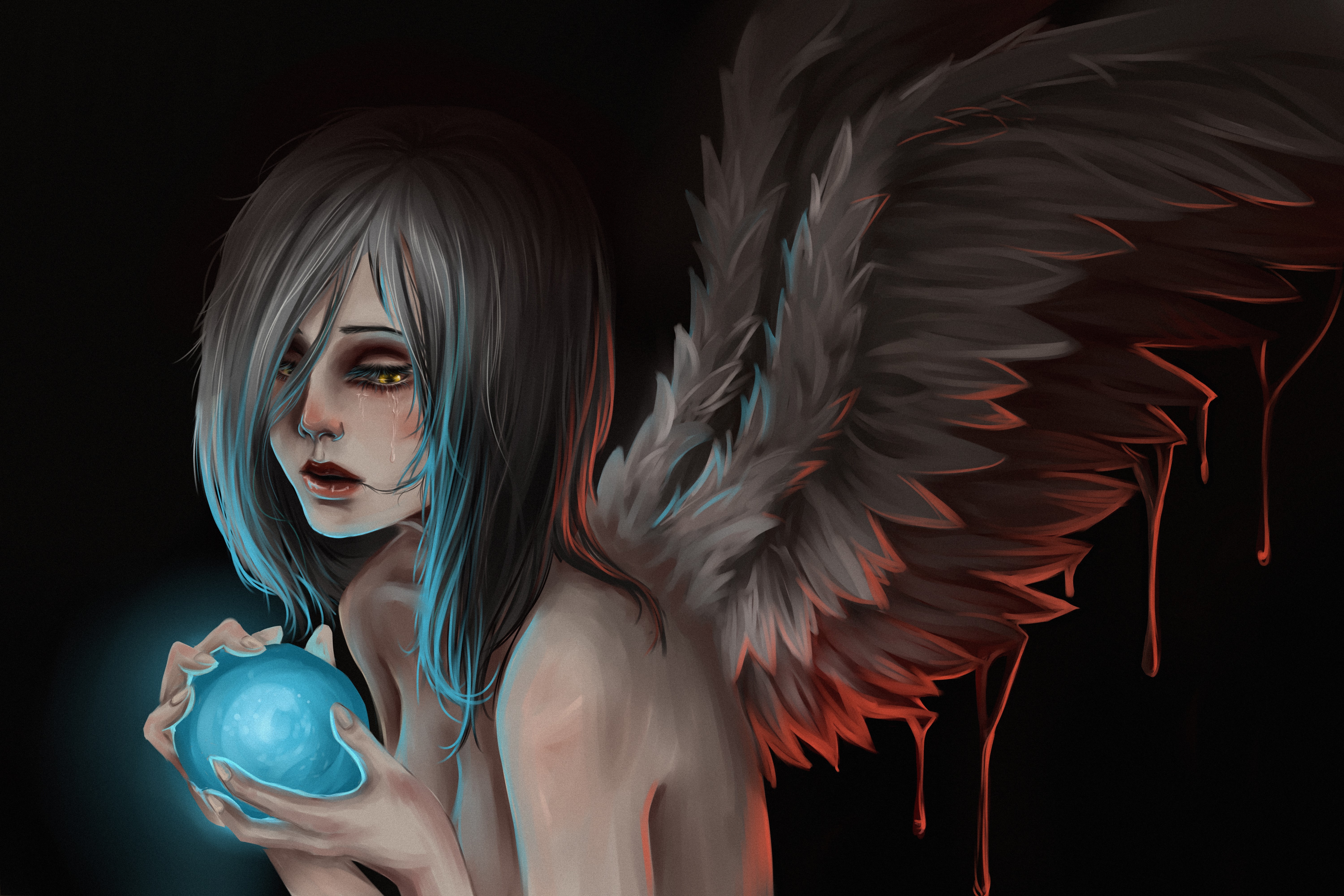 Angel with glowing orb and bloody wings HD Wallpaper