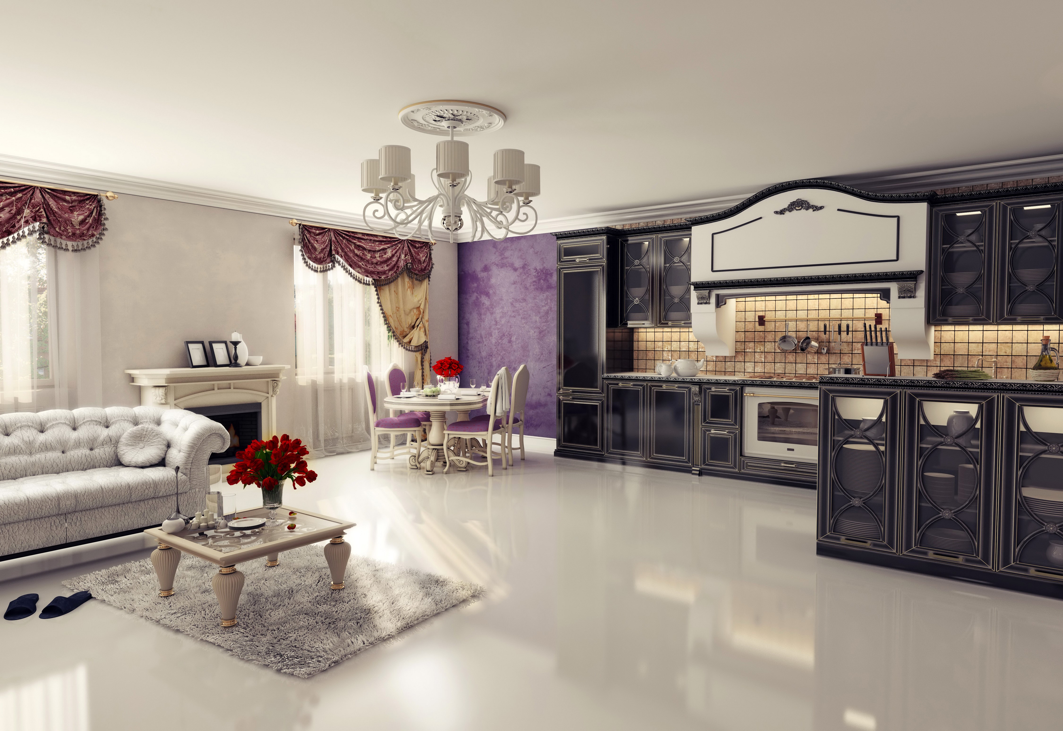 4K Interior Design: Living Room, Dining Area, and Kitchen HD Wallpaper