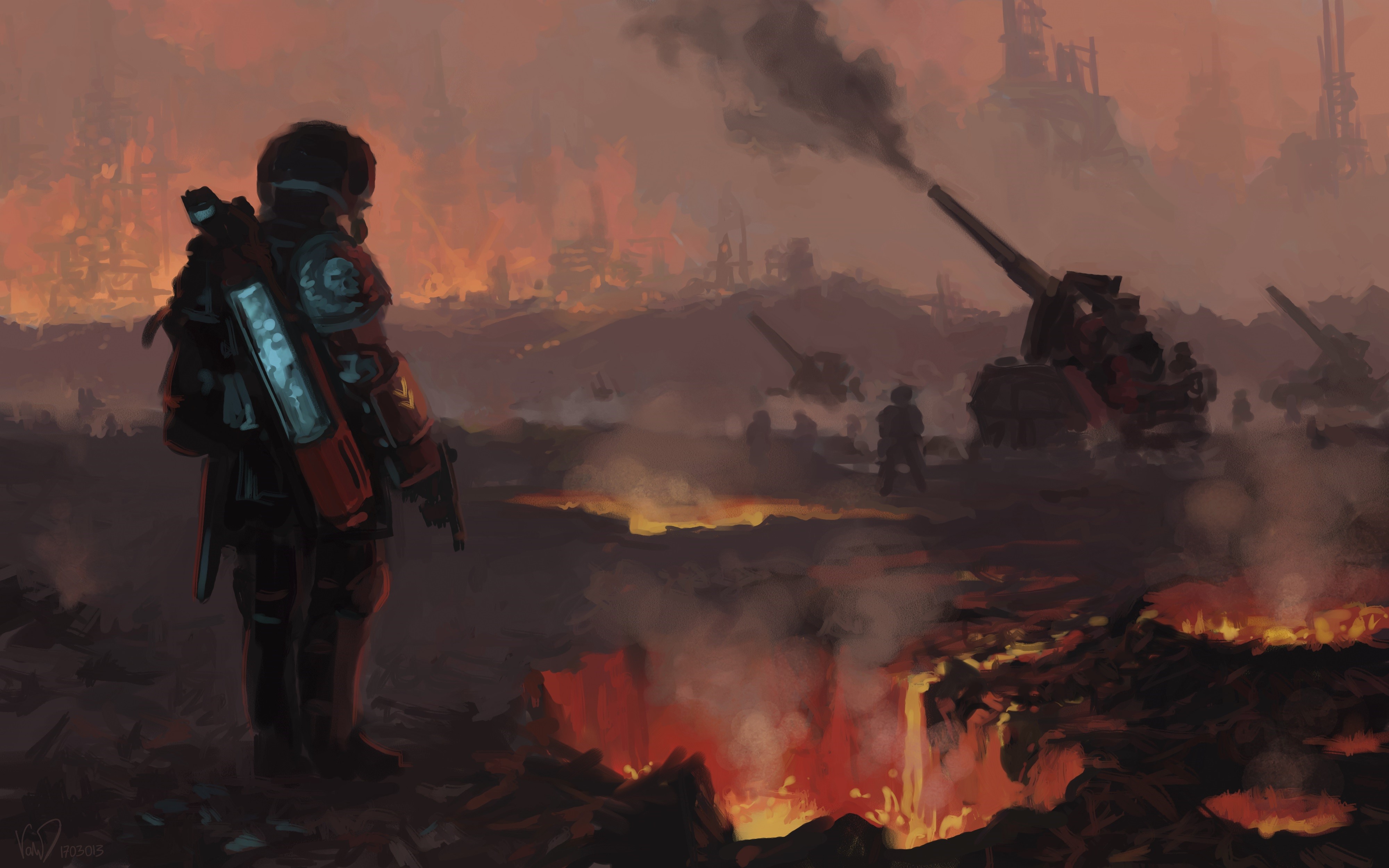 Soldiers and Basilisk battery in a lava-filled landscape HD Wallpaper