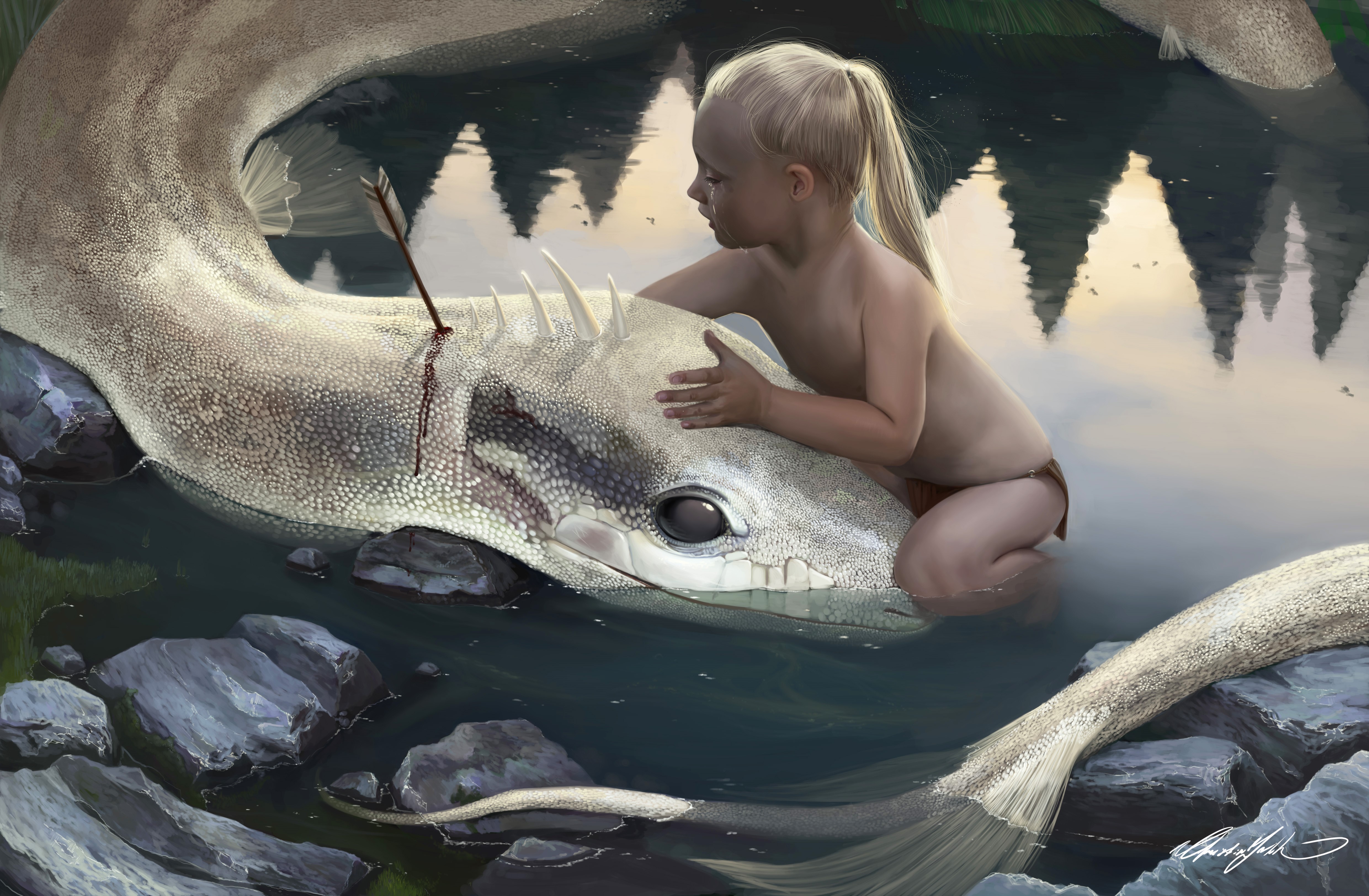 Girl with wounded dragon HD Wallpaper