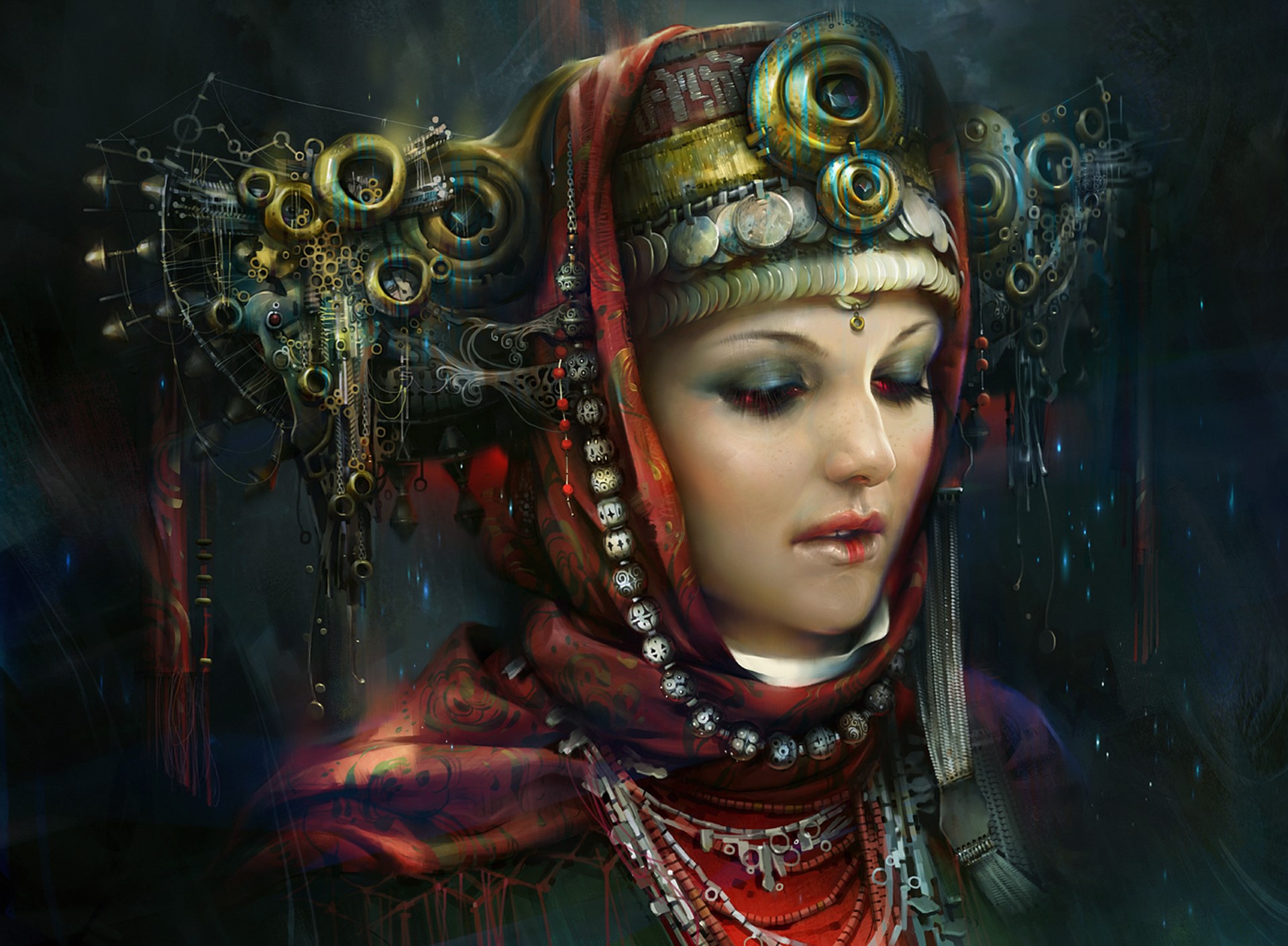 Woman in traditional headdress with intricate jewelry HD Wallpaper