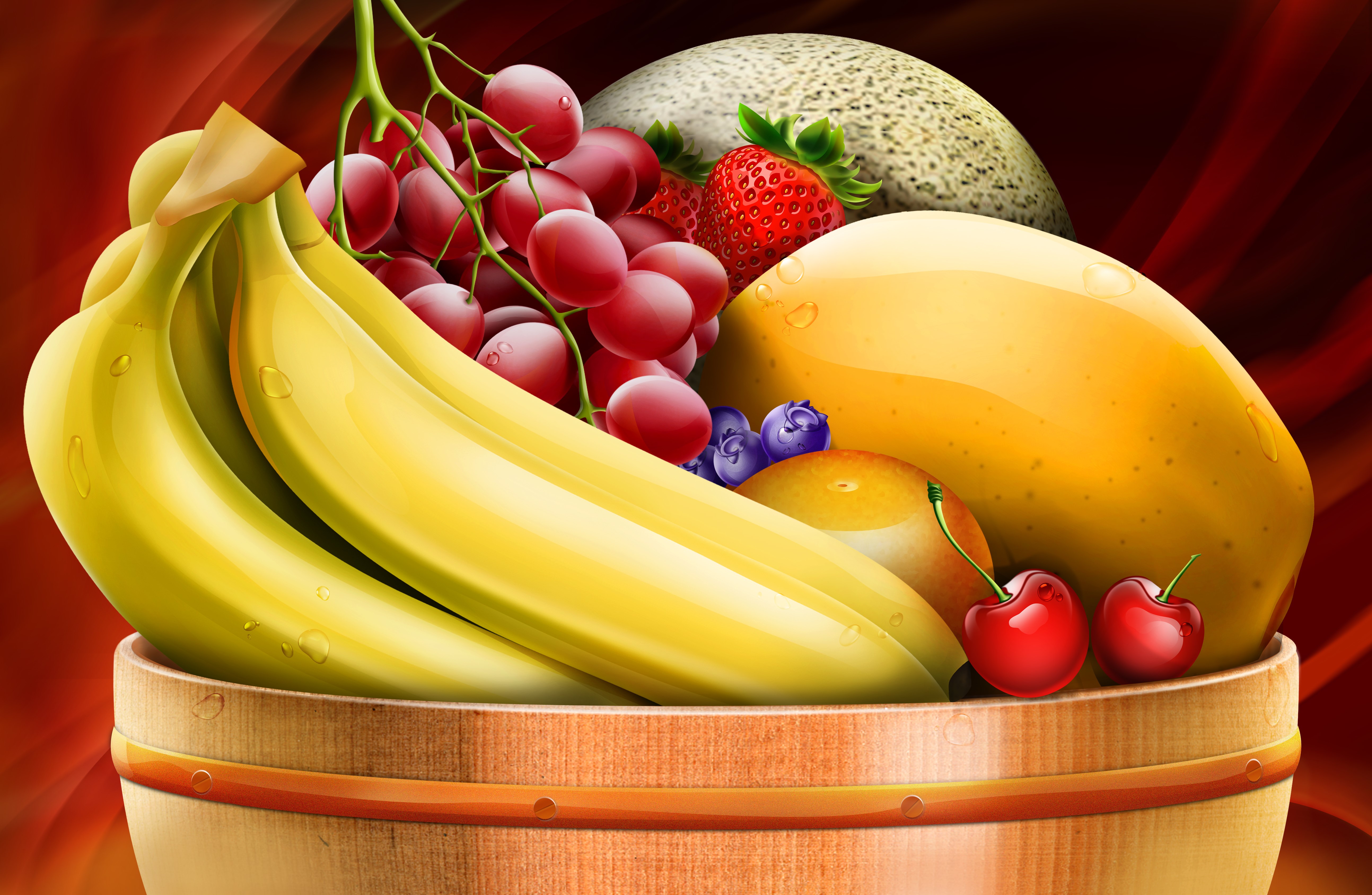 Fruit basket with bananas, grapes, strawberries, melon, mango, blueberries, and cherries HD Wallpaper