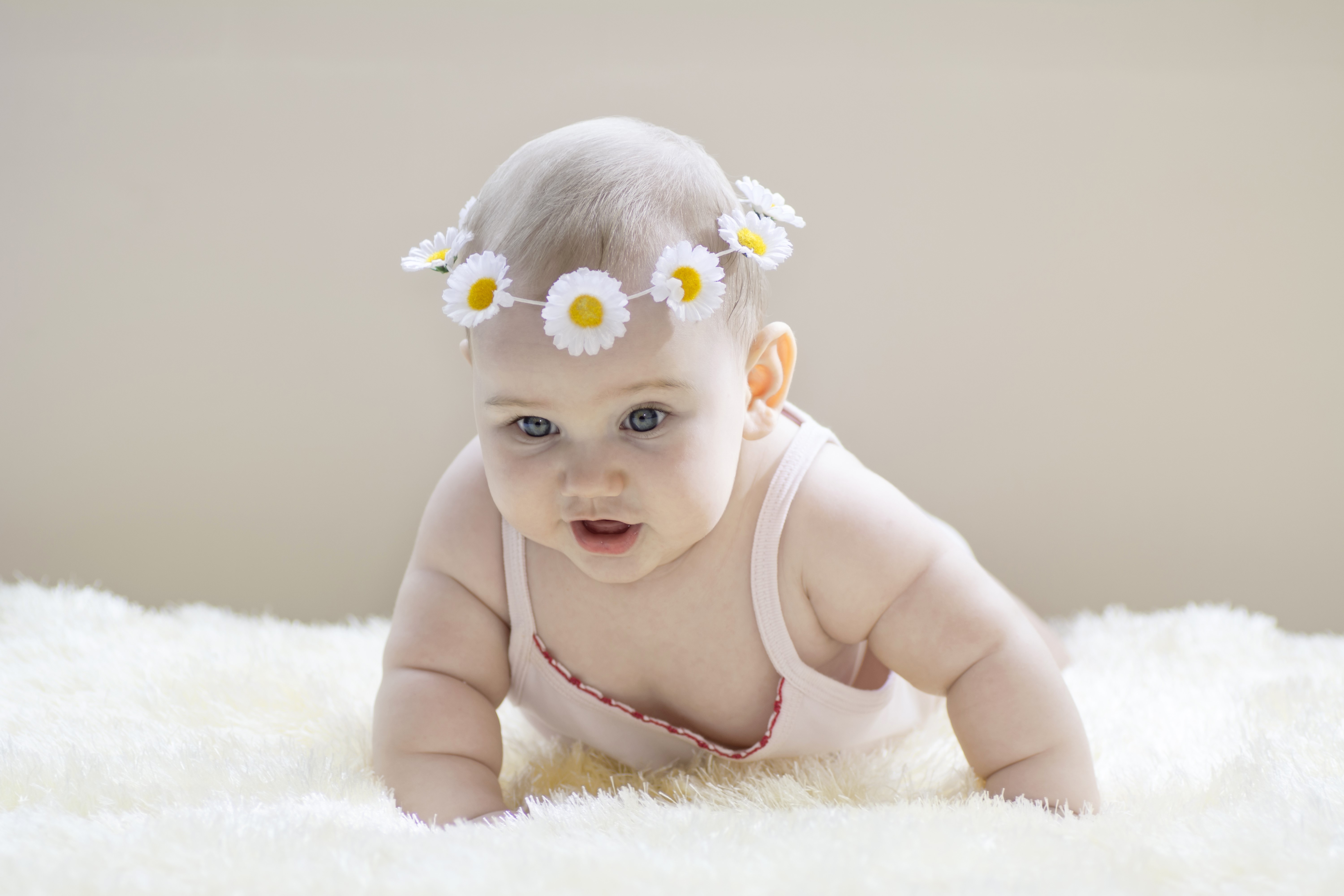 Baby wearing a daisy flower crown HD Wallpaper