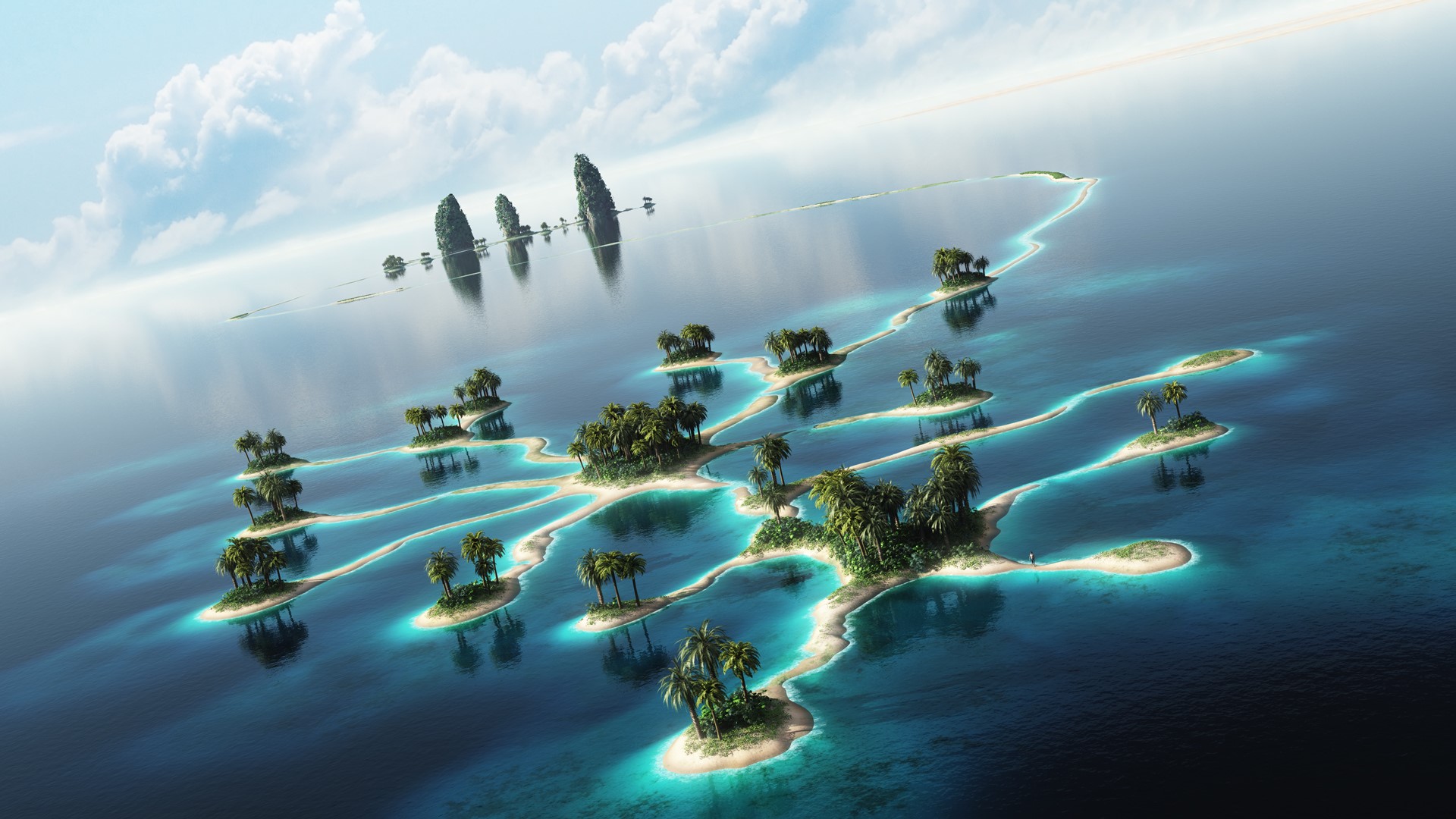 Archipelago of tropical islands connected by sandbars HD Wallpaper