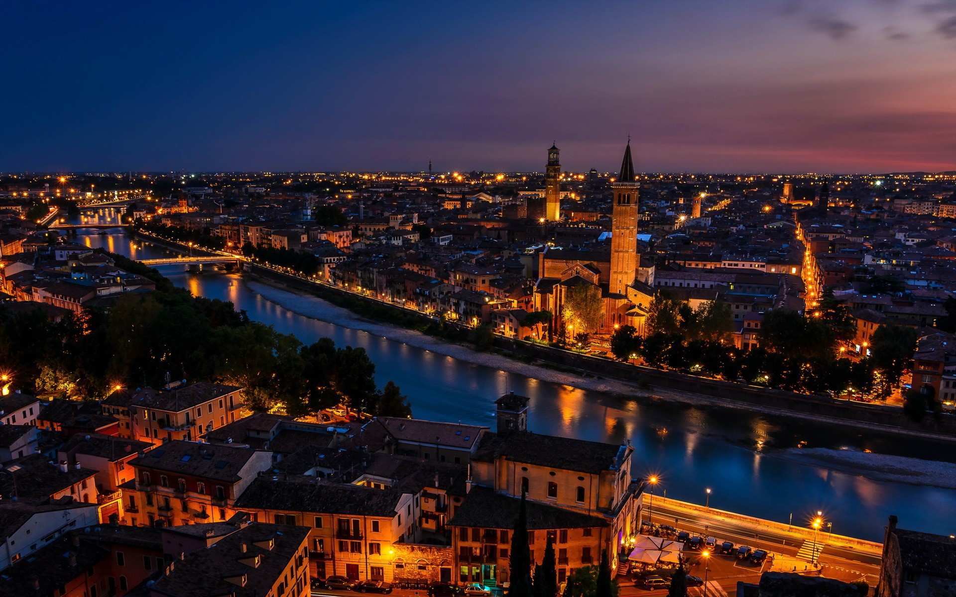 Verona cityscape at night with Adige River and churches HD Wallpaper