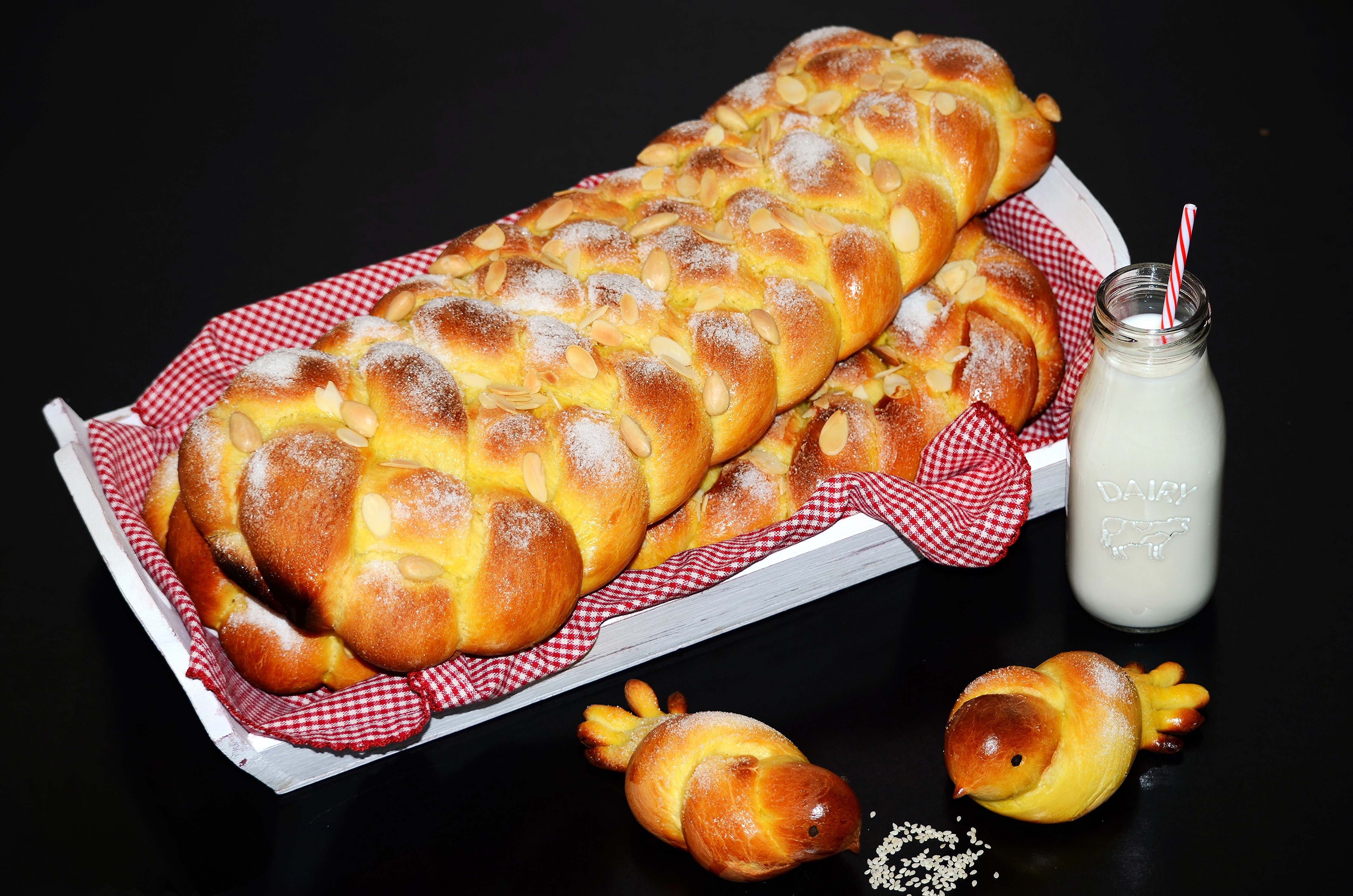 Braided Pastry with Almonds and Milk Bottle HD Wallpaper