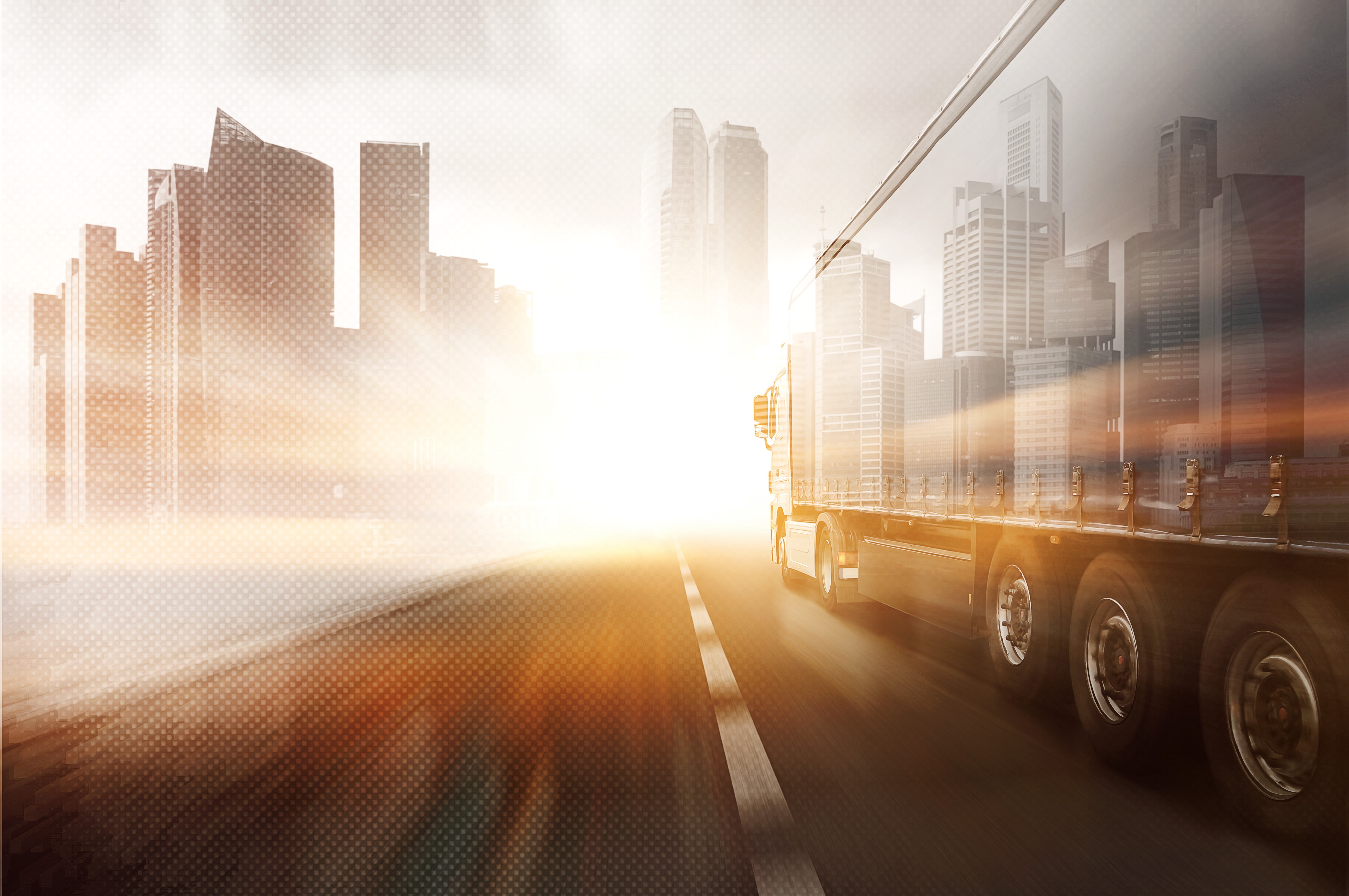 Truck driving on a road with city skyline HD Wallpaper