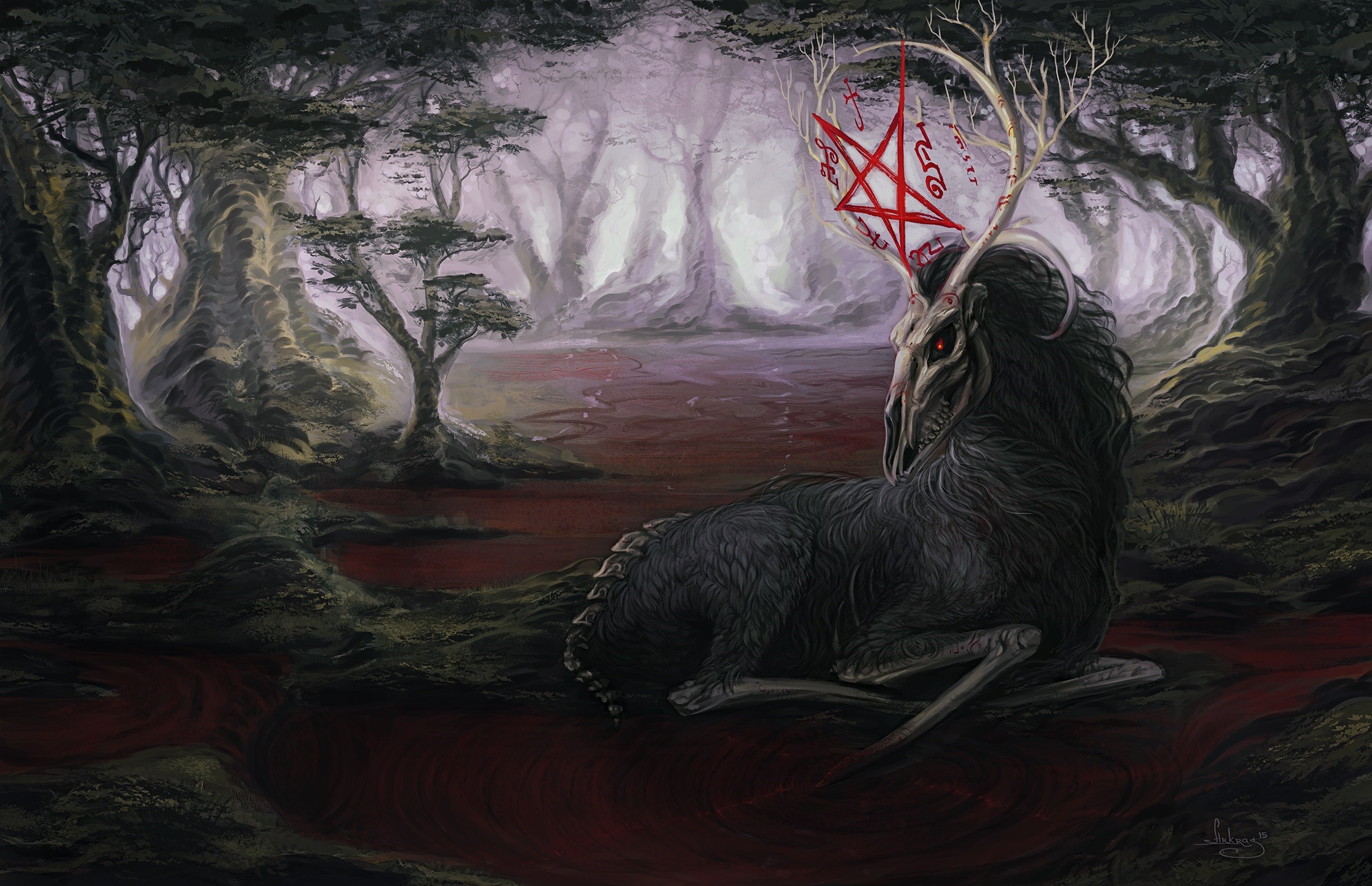 Demonic deer with pentagram in a bloody forest HD Wallpaper