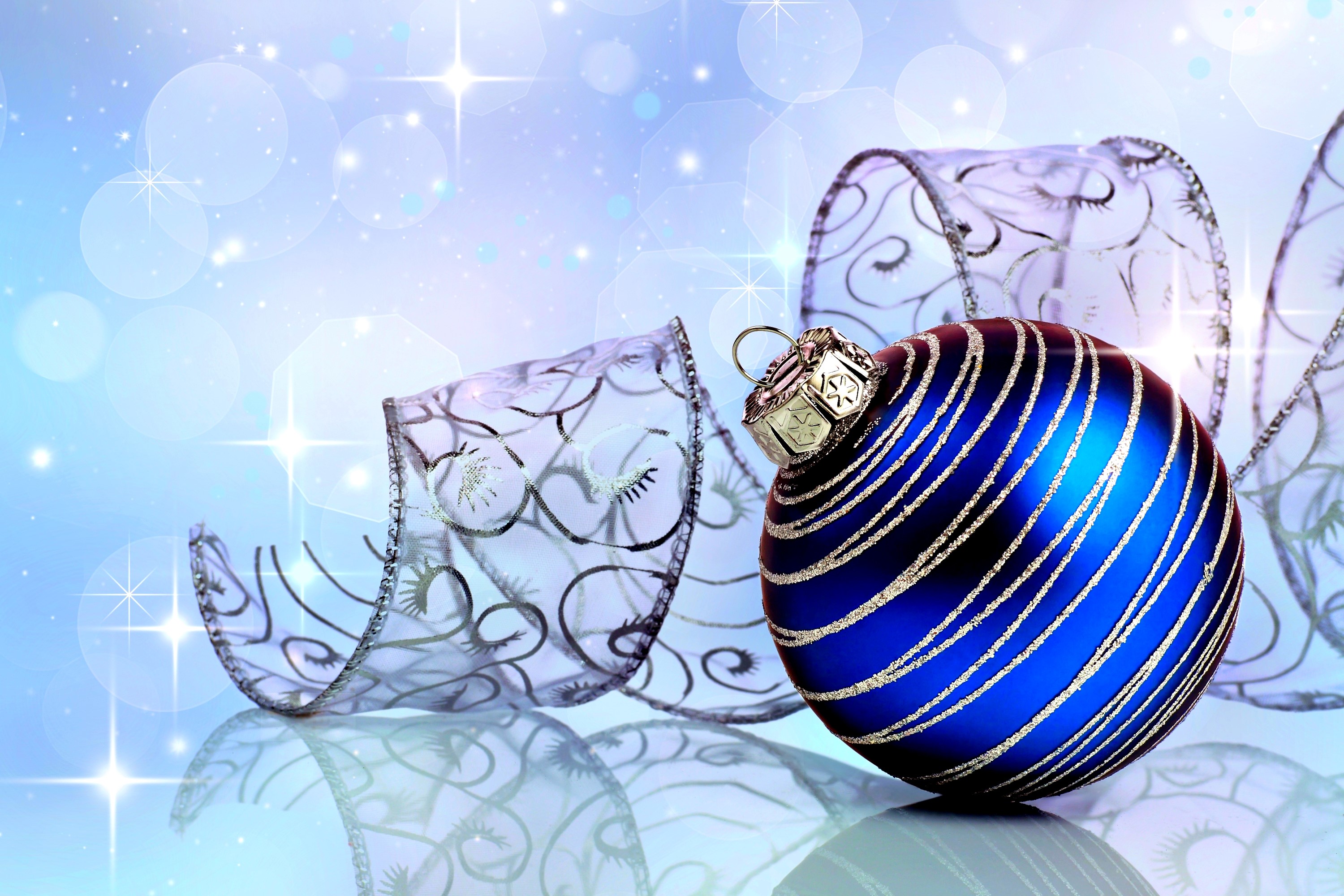 Blue Christmas Ornament with Ribbon HD Wallpaper