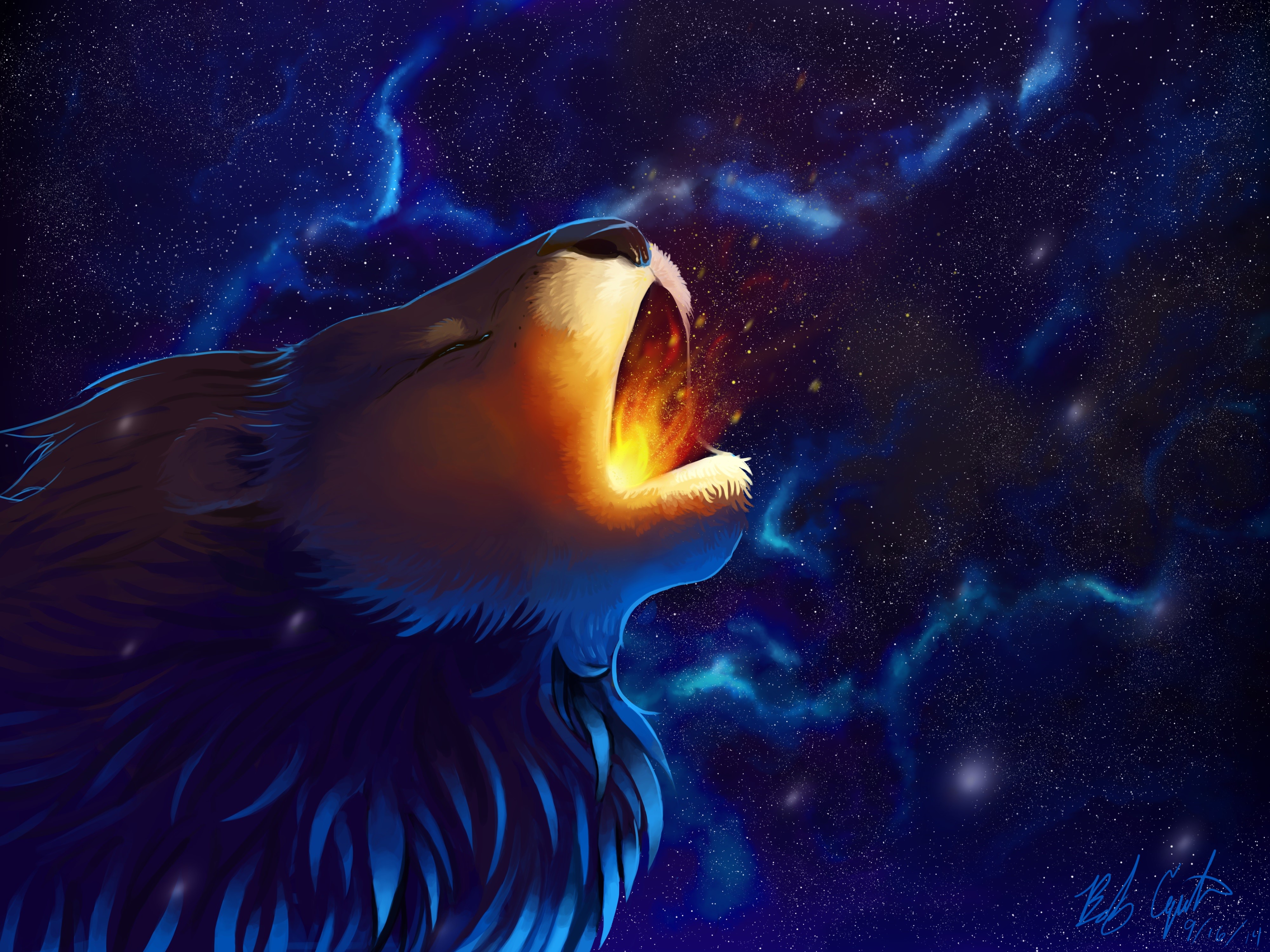 Lion roaring fire in starry sky HD Wallpaper