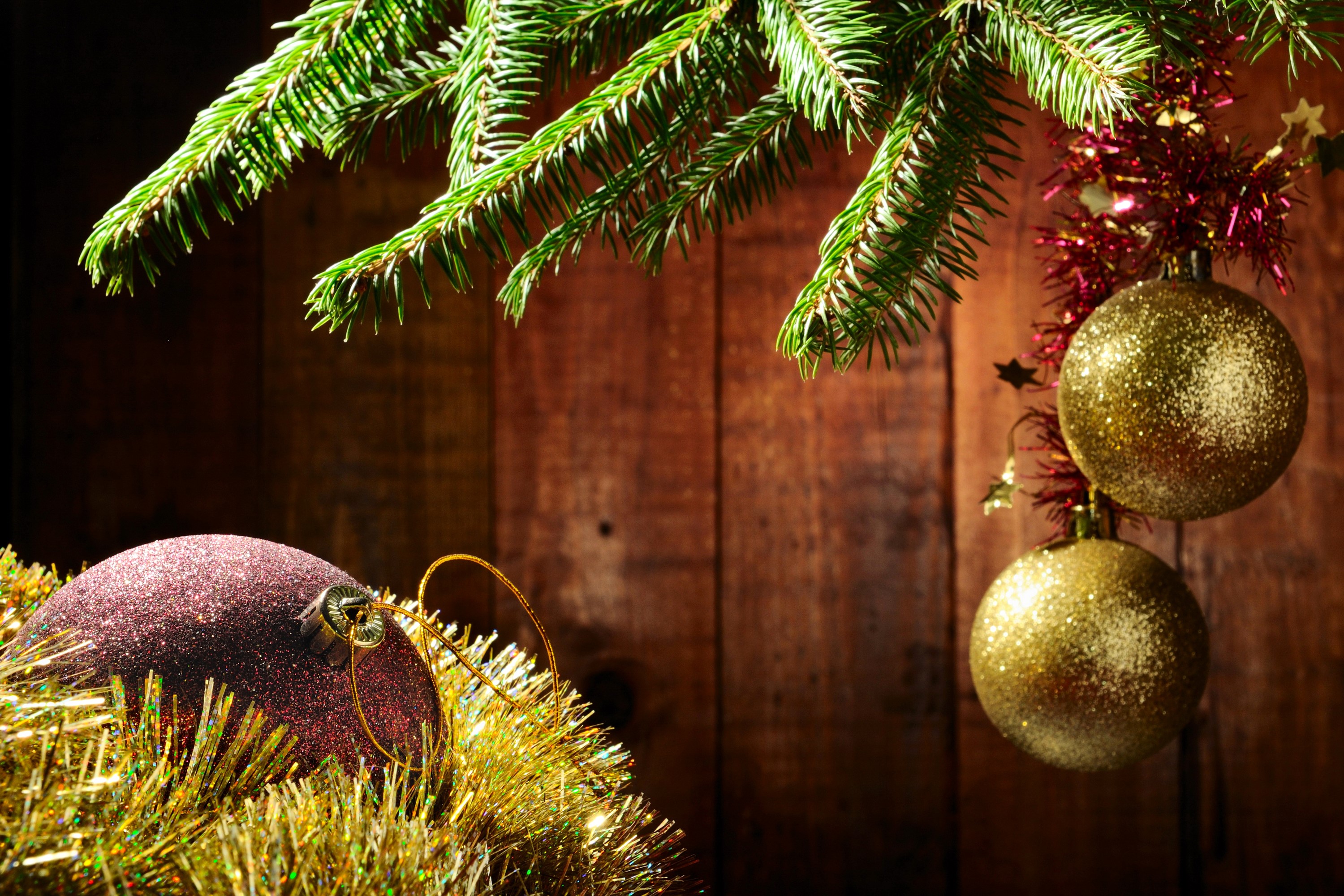 Christmas Ornaments on Fir Branches HD Wallpaper
