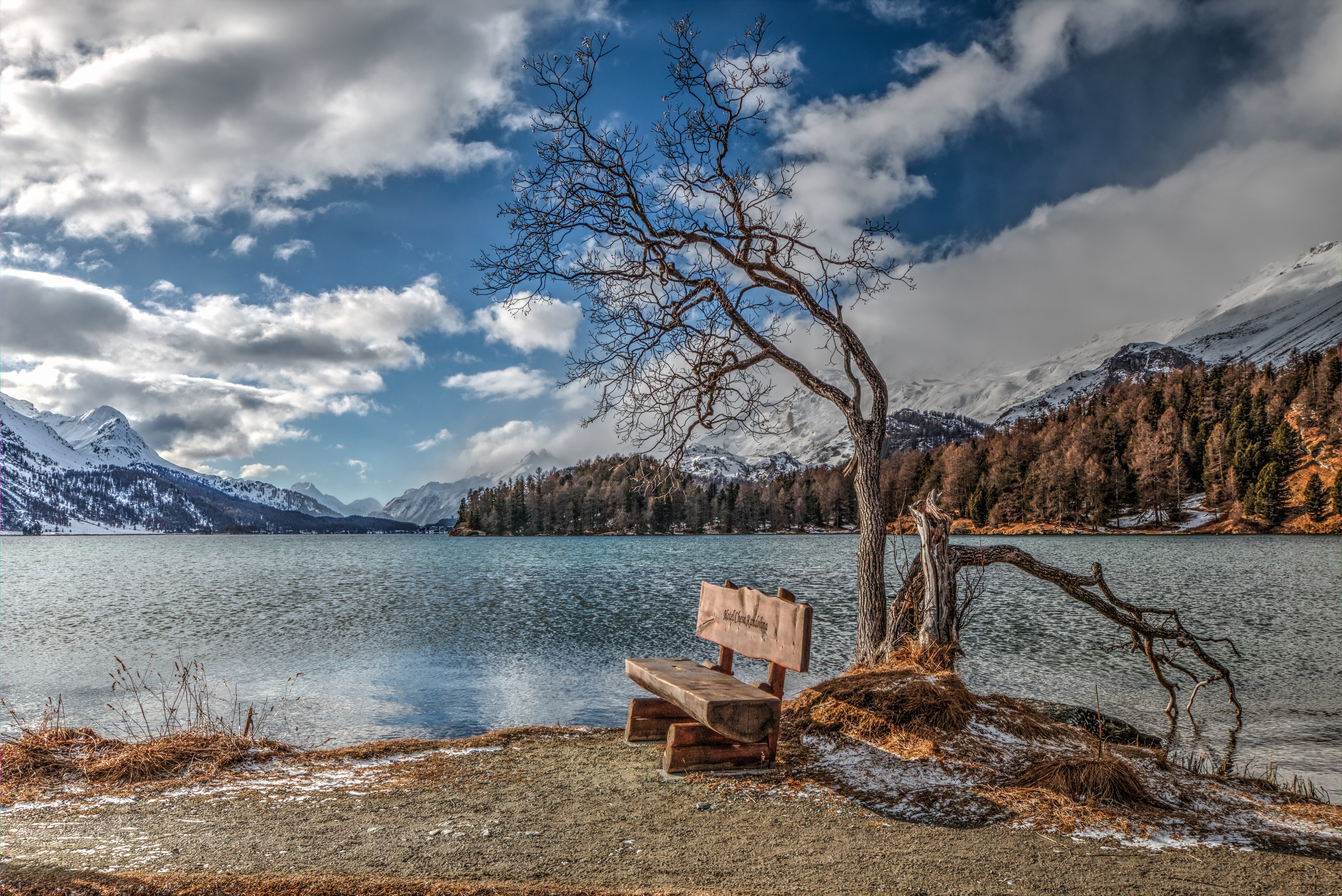Bench by a Lake with Mountains and Trees HD Wallpaper