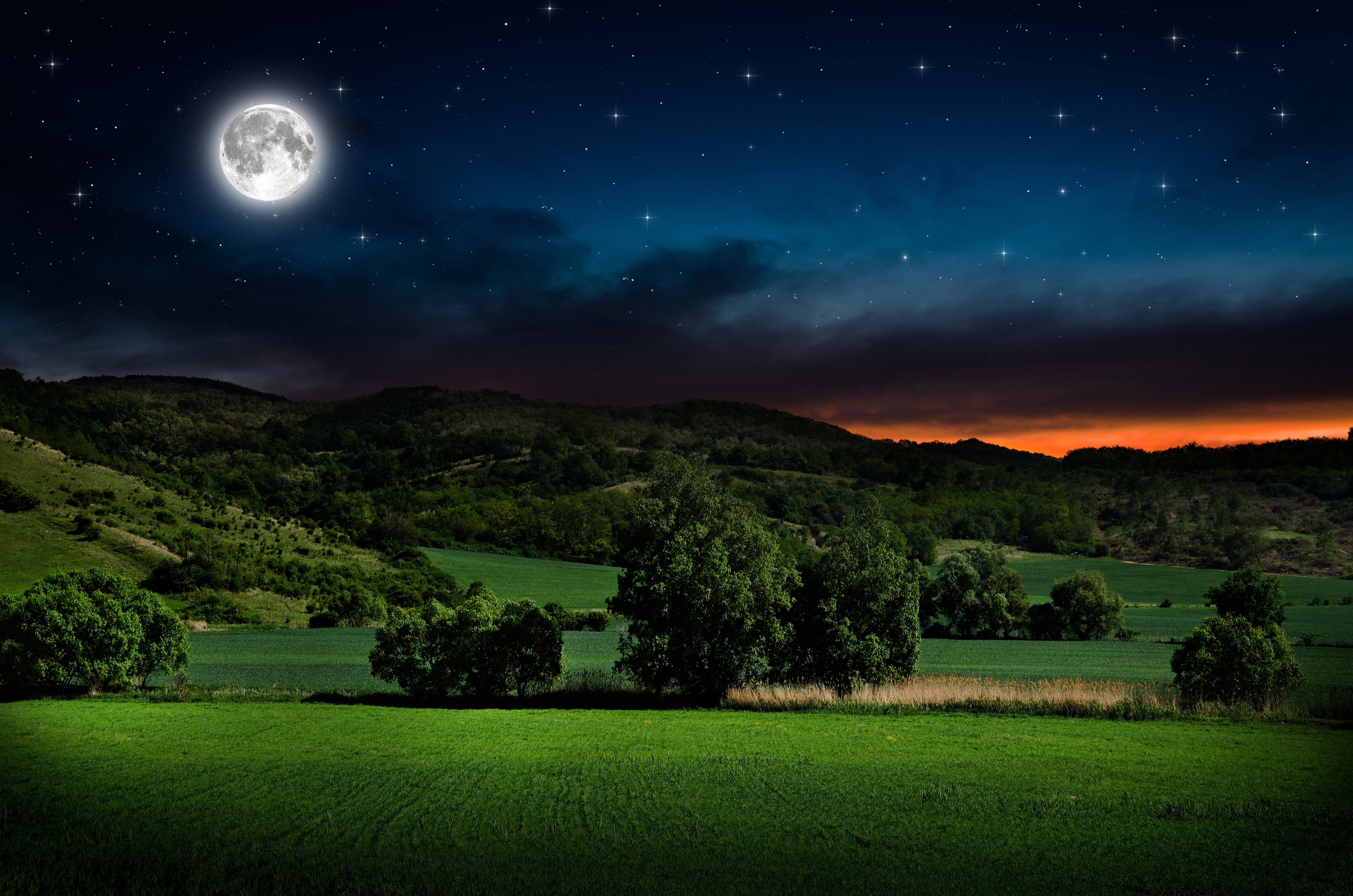 Night landscape with moon and stars over hills and fields HD Wallpaper