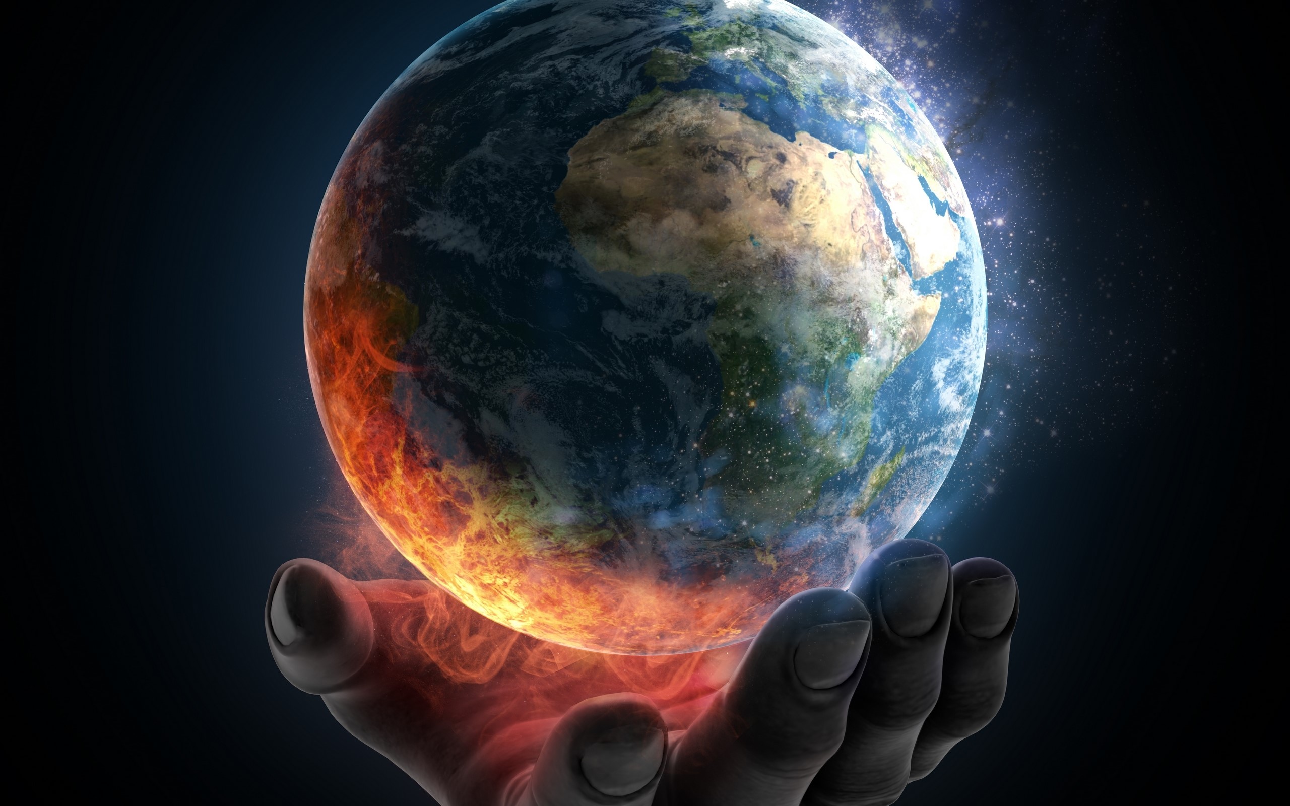 Hand holding a burning Earth in space HD Wallpaper