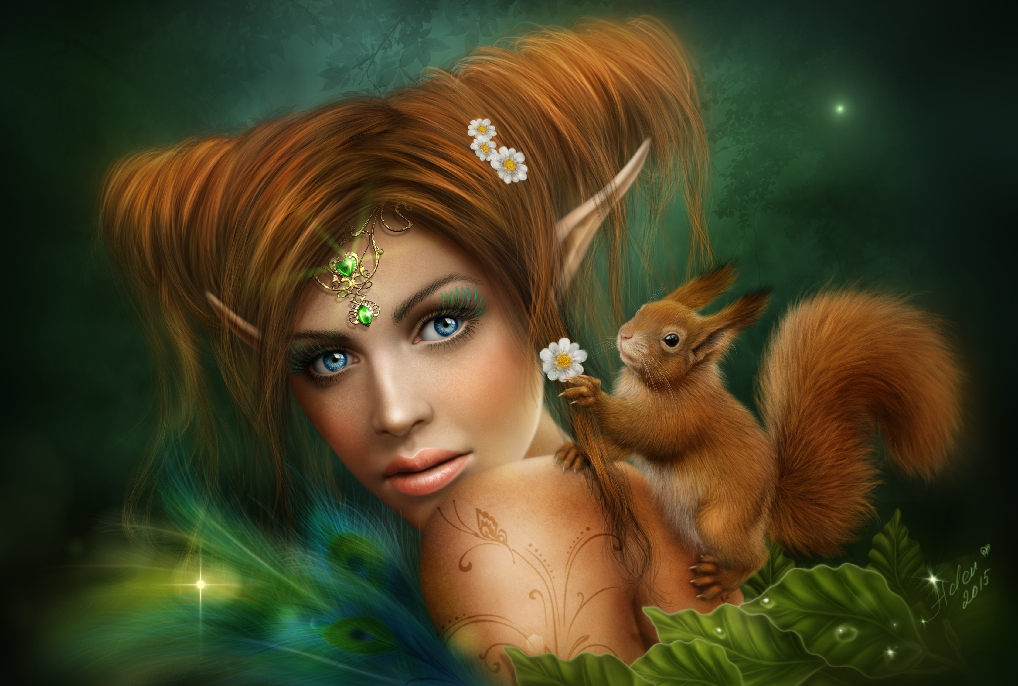 Elf with a squirrel in a forest HD Wallpaper