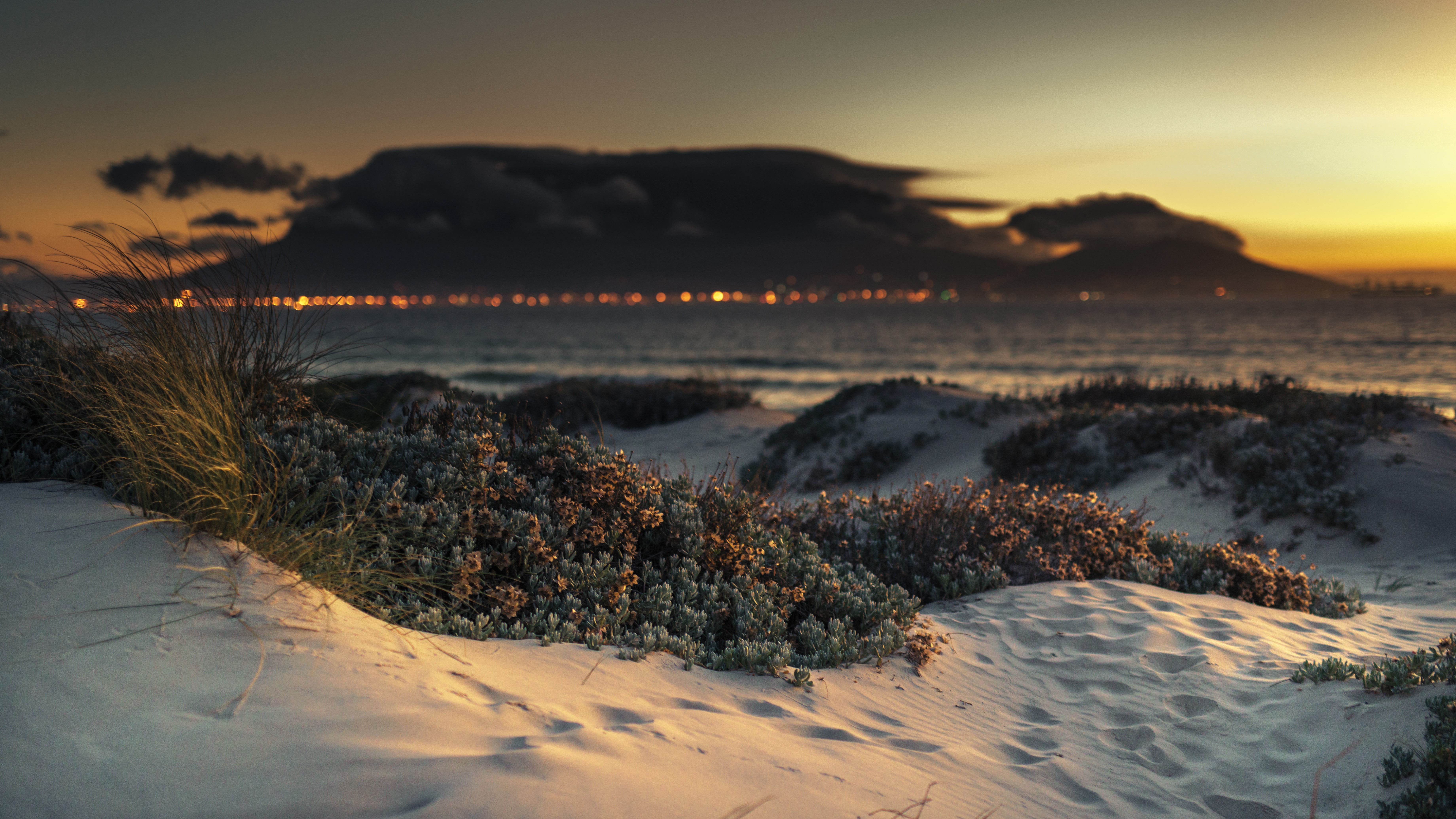 Beach dunes and sea at sunset HD Wallpaper
