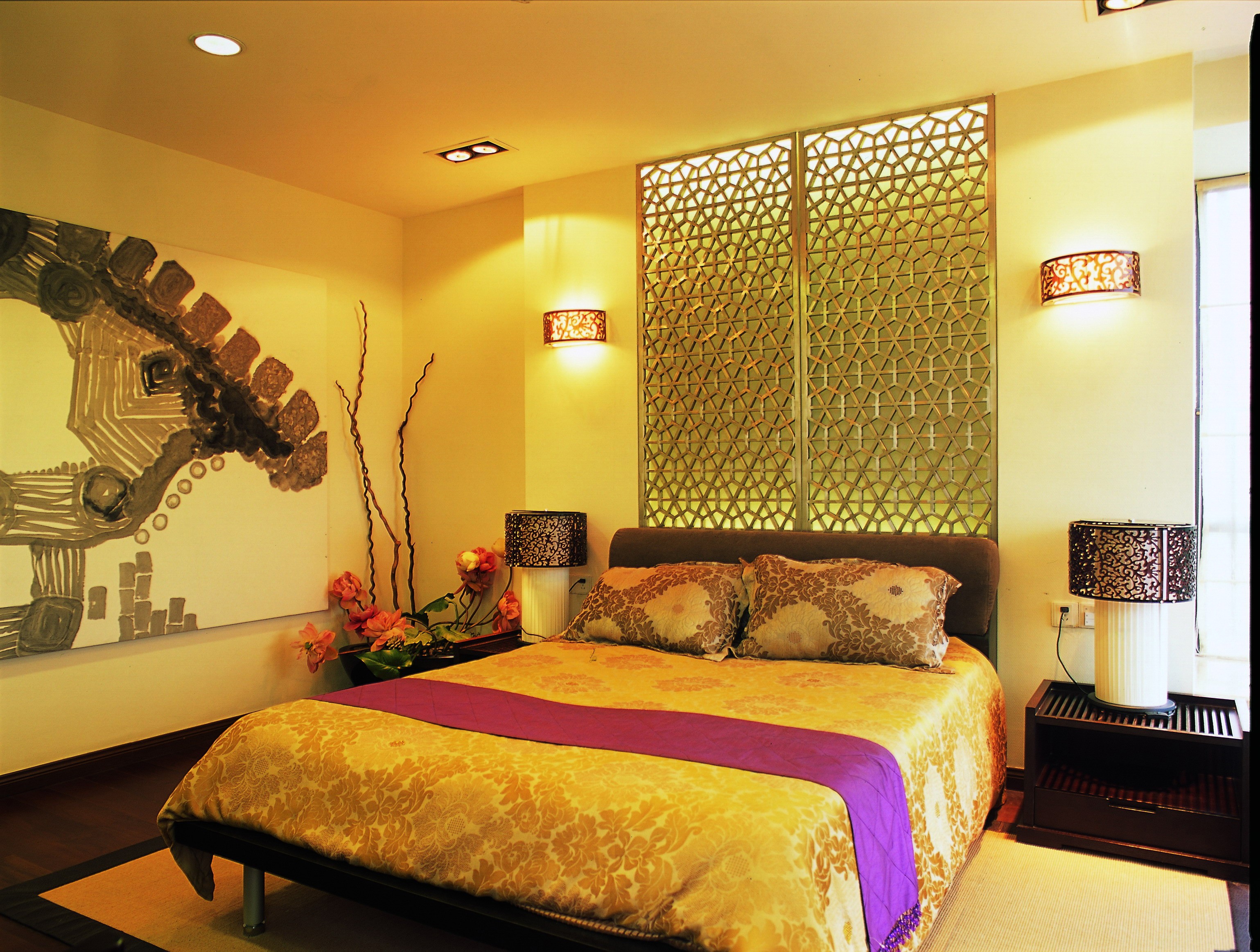 Bedroom Interior Design with Bed and Artwork HD Wallpaper
