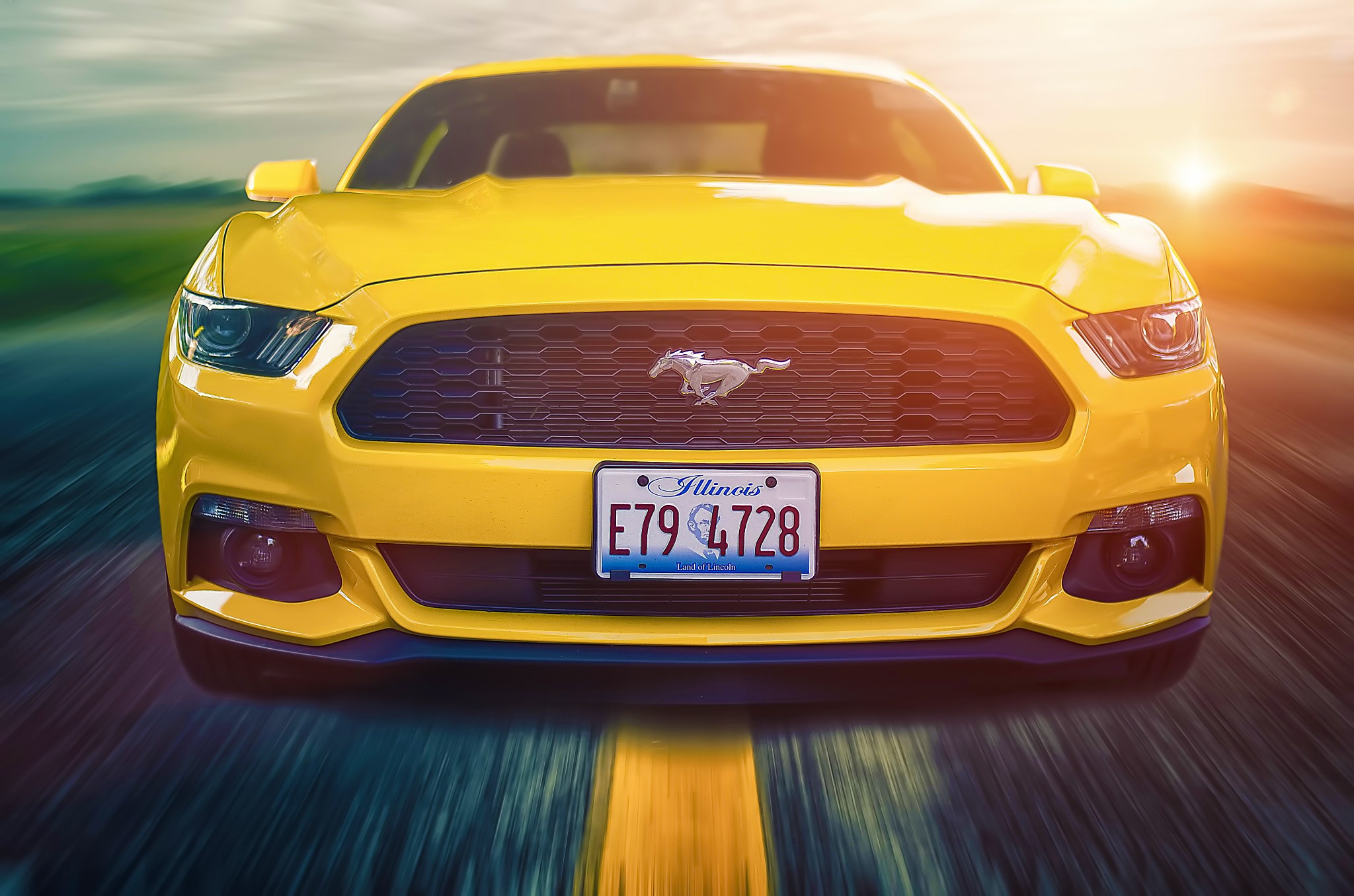 Yellow Ford Mustang Driving on Road HD Wallpaper